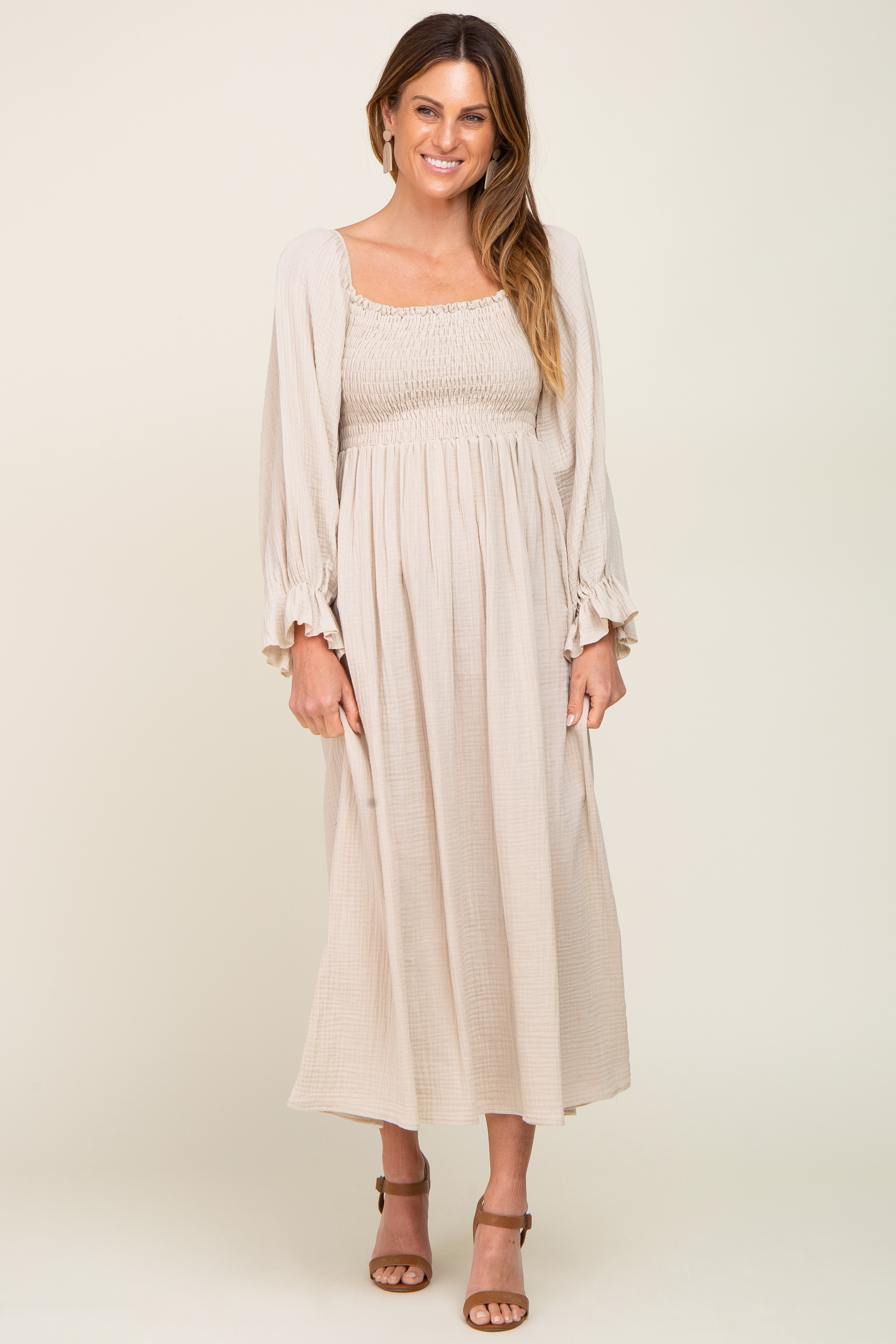 Beige Gauze Smocked Midi Dress for Women - Summer Boho Chic Flowy Dress with Elastic Waist | Perfect for Beach Vacations, Date Nights & Outdoor Weddings