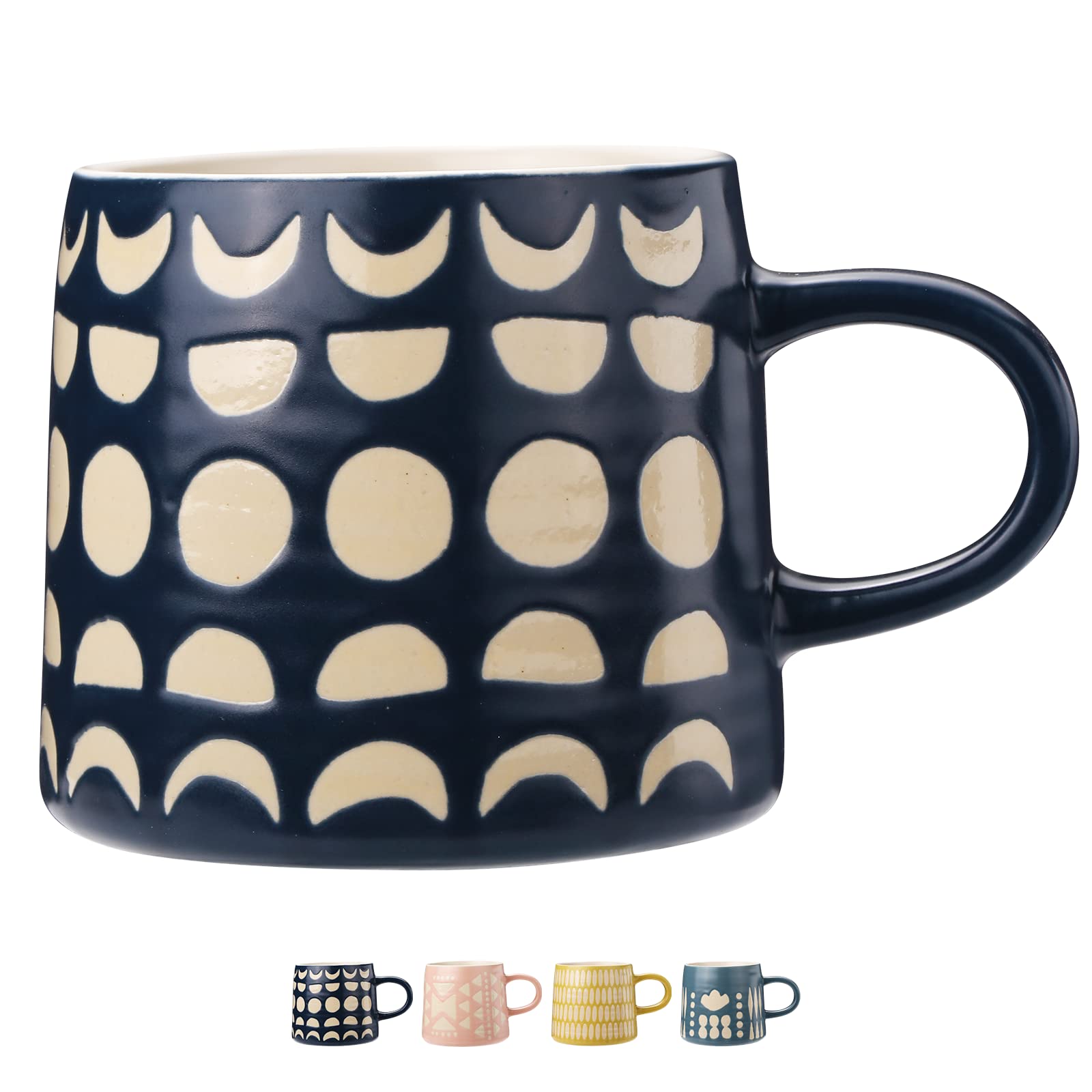 YouPeng 14oz Ceramic Coffee Mug with Relief Design - Large Durable Coffee Cup with Handle for Men & Women - Moon Blue - Perfect Gift for Coffee Lovers, Office Use & Home Decor