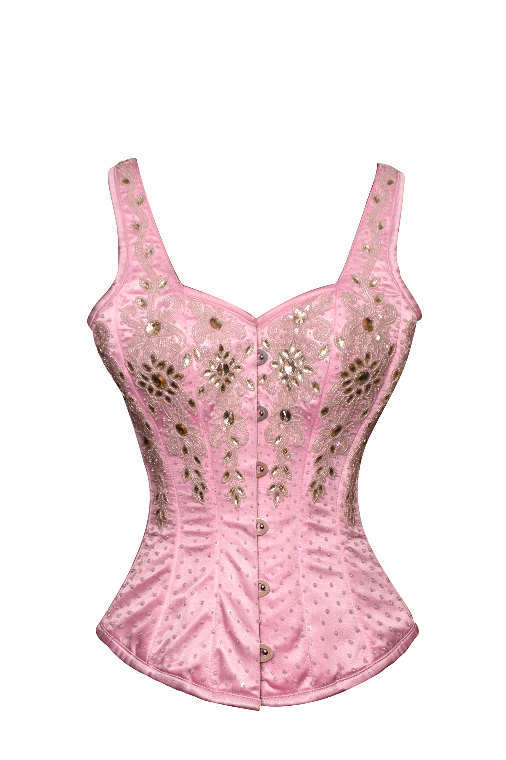 Pink Satin Sequins Overbust Corset with Shoulder Straps - Gothic Burlesque Costume for Women | Perfect for Halloween, Cosplay, and Burlesque Performances