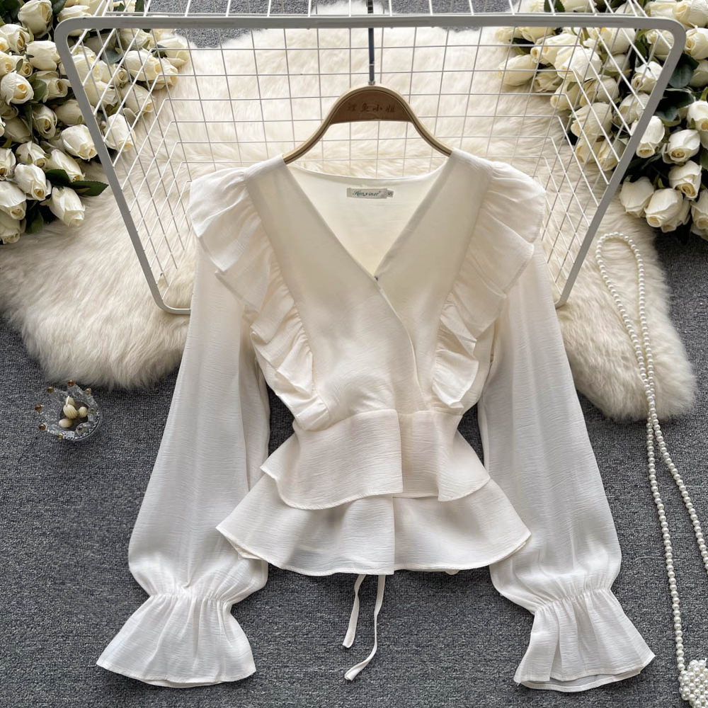 Fairy Ruffle Chiffon Blouse - Sweet Puff Sleeve V-Neck Top for Women | Elegant Flowy Shirt for Date Night, Party & Spring Outfits (Style 1061)