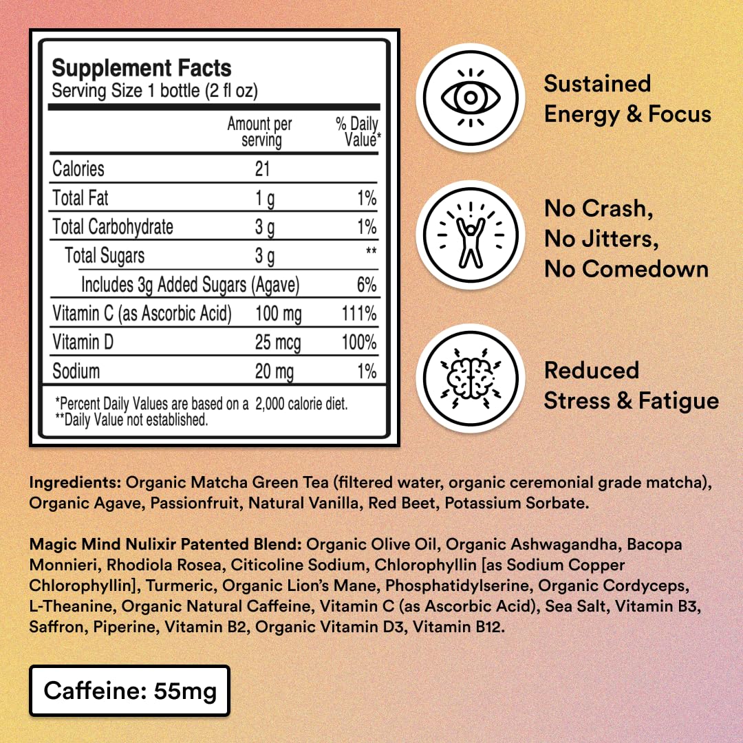 Magic Mind Focus Energy Drink Shots - Stress Relief & Mental Clarity with Ashwagandha, Functional Mushrooms, Matcha Green Tea, Vitamins B12 & C - 30 Pack (2 fl oz each) - Boost Productivity for Workouts, Study & Office Focus