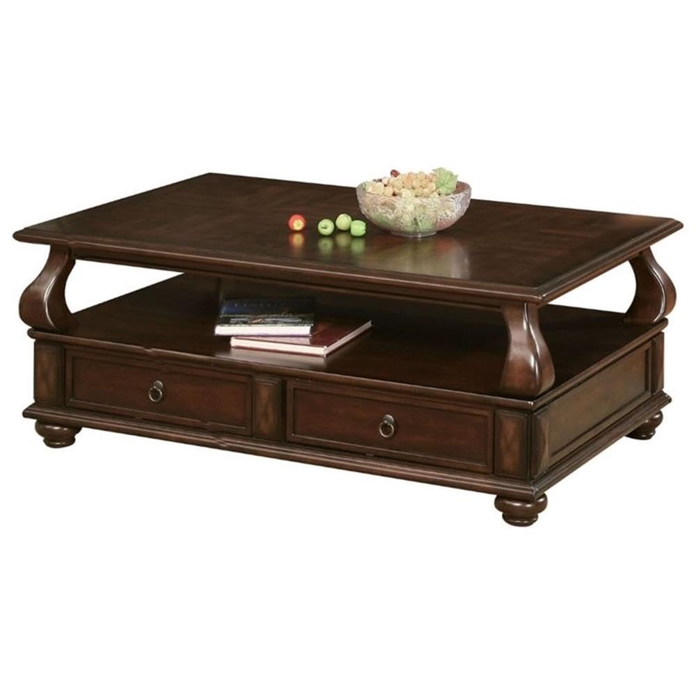 Acme Walnut Wood Coffee Table with 4 Drawers & Shelf for Living Room