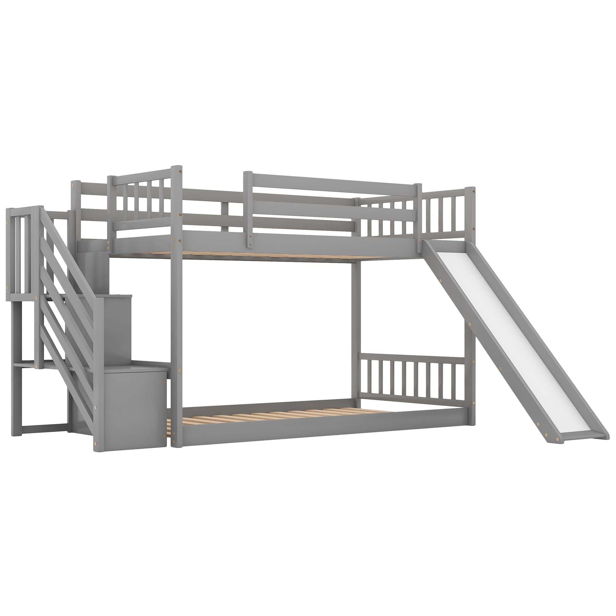 SOFTSEA Twin Over Twin Low Bunk Bed with Stairs and Slide - Kids & Teens Space-Saving Bedroom Furniture for Small Rooms, Dorms, and Sleepovers - Sturdy Wooden Loft Bed with Safety Rails
