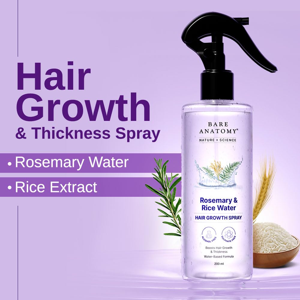 Bare Anatomy Rosemary Water Spray for Hair Growth & Thickness with Rice Water | 100% Natural Extract for Soft, Smooth Hair | Controls Hair Fall | Non-Greasy & Fast Absorbing | 200ml | Perfect for Daily Hair Care & Scalp Hydration