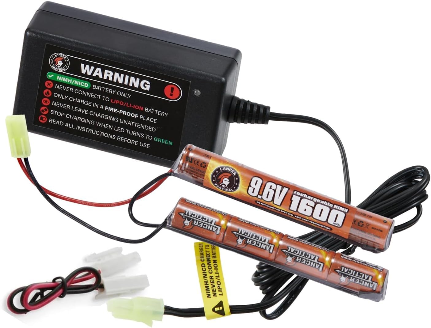 Lancer Tactical 9.6V 1600mAh NiMH Airsoft Battery Pack with Smart Charger - Tamiya Connector Nunchuck for 8.4V-9.6V AEG Batteries | Perfect for Airsoft Skirmishes, MilSim Games & Outdoor Shooting Practice