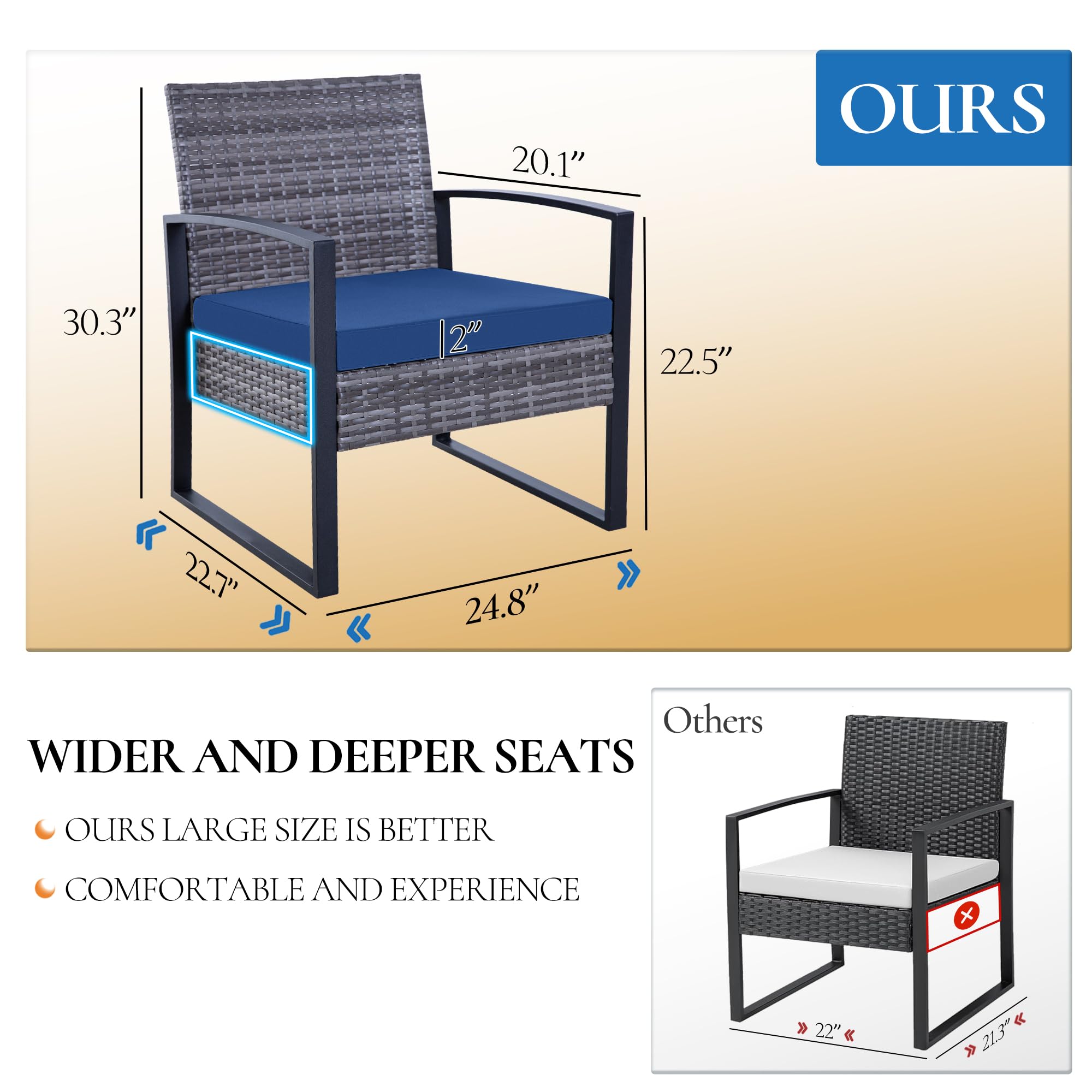 3-Piece Patio Furniture Set - Outdoor Wicker Bistro Set with 2 Chairs, 2 Cushions & Glass Coffee Table - Grey Wicker & Blue Cushions - Perfect for Garden, Balcony, Backyard, Porch, Lawn or Poolside Relaxation