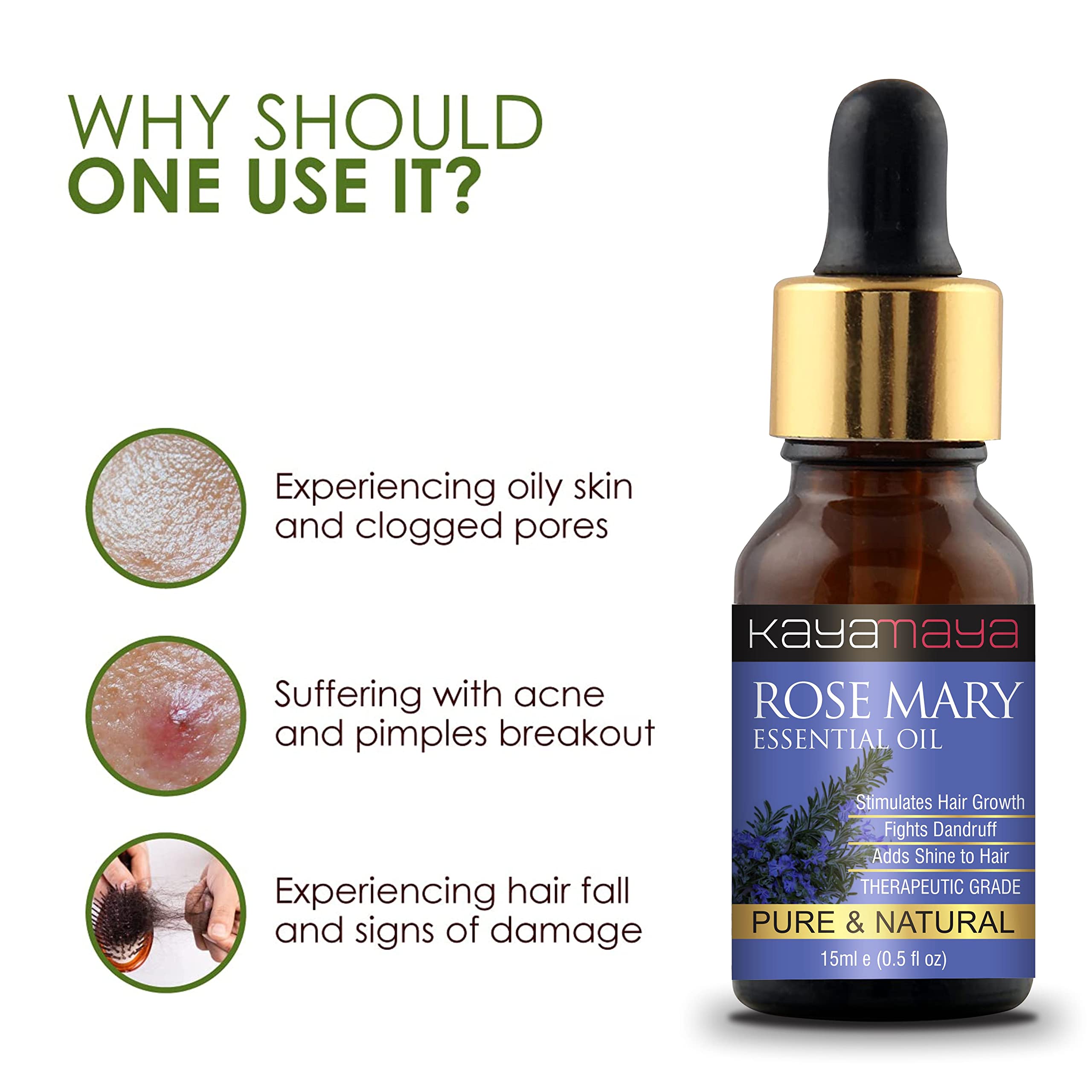 Kayamaya 100% Pure Therapeutic Grade Rosemary Essential Oil - 15ml for Aromatherapy, Hair Growth & Skin Care - Natural Stress Relief & Focus Booster for Diffusers & Massage