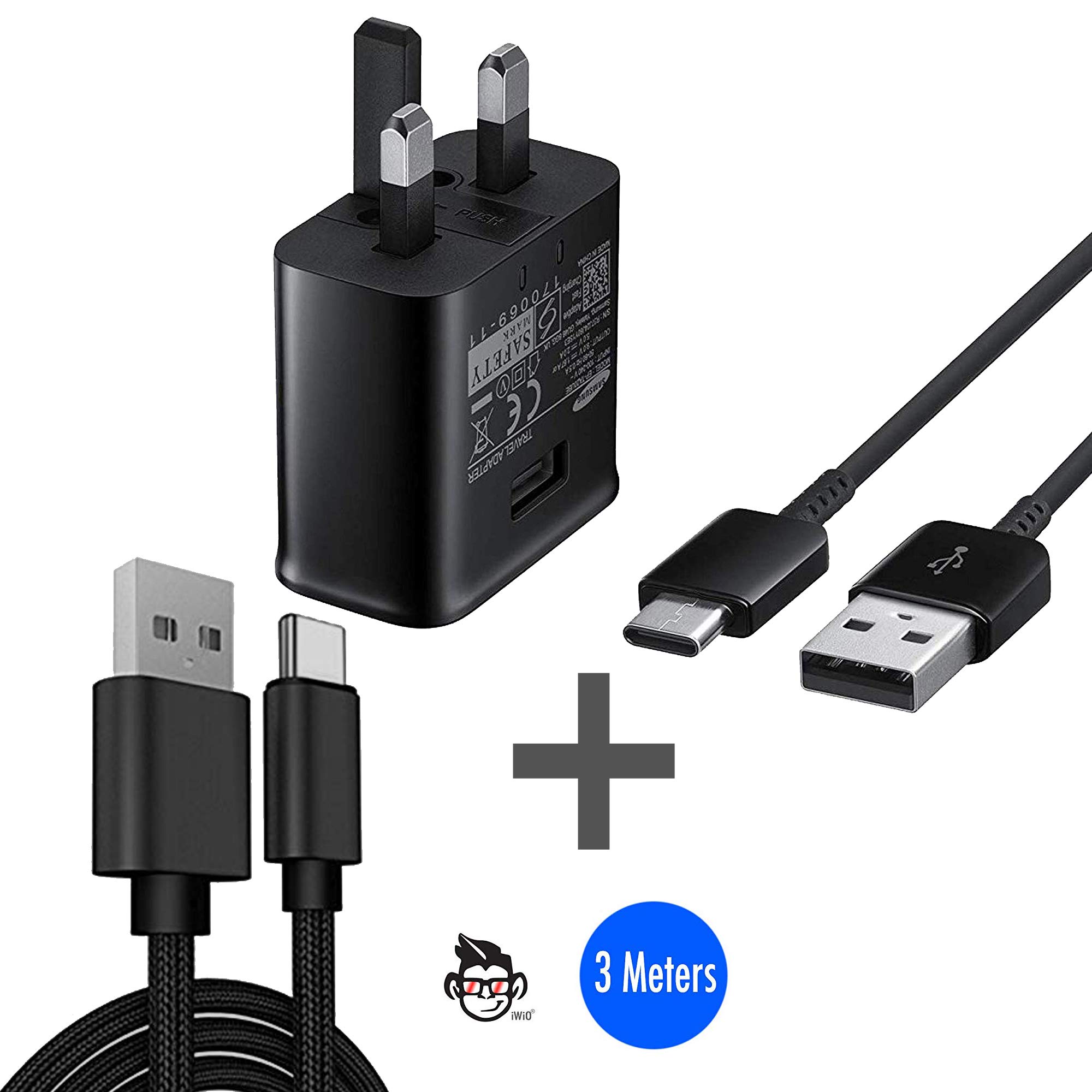 Samsung Fast Charger Adapter with Type-C Cable & 3m Braided Type-C Cable - Compatible with Galaxy S8/S8+/S9/S9+/A5/A7 (2017) - Fast Charging for Home, Office & Travel - Black (No Retail Packaging)