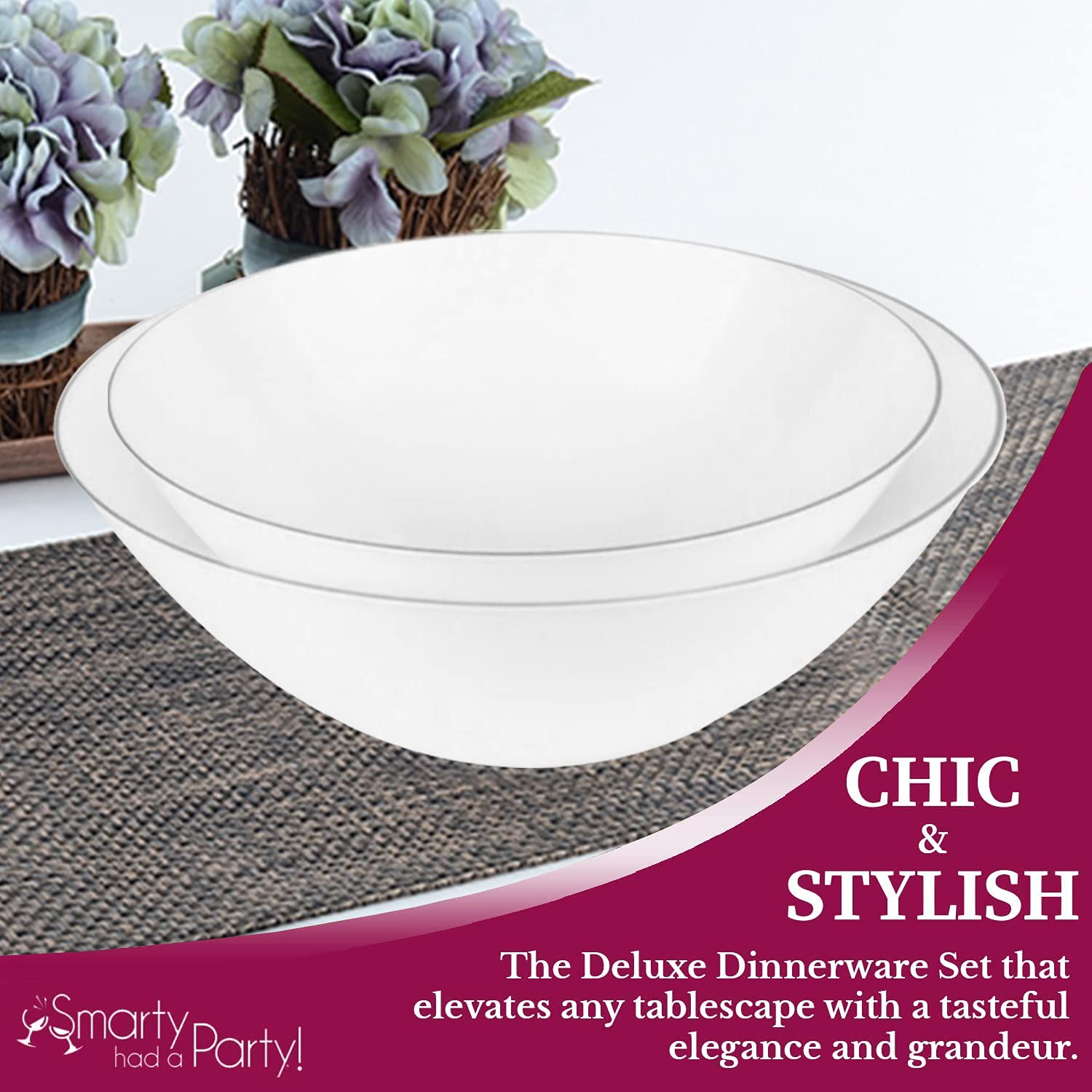 Eco-Friendly Disposable Plastic Plates with Elegant Rim Design - Bulk Round Dinnerware for Wedding, Birthday Party & Special Events (White & Silver, 16oz Soup Bowls, Pack of 120) - Perfect for Catering, Picnics & Outdoor Gatherings