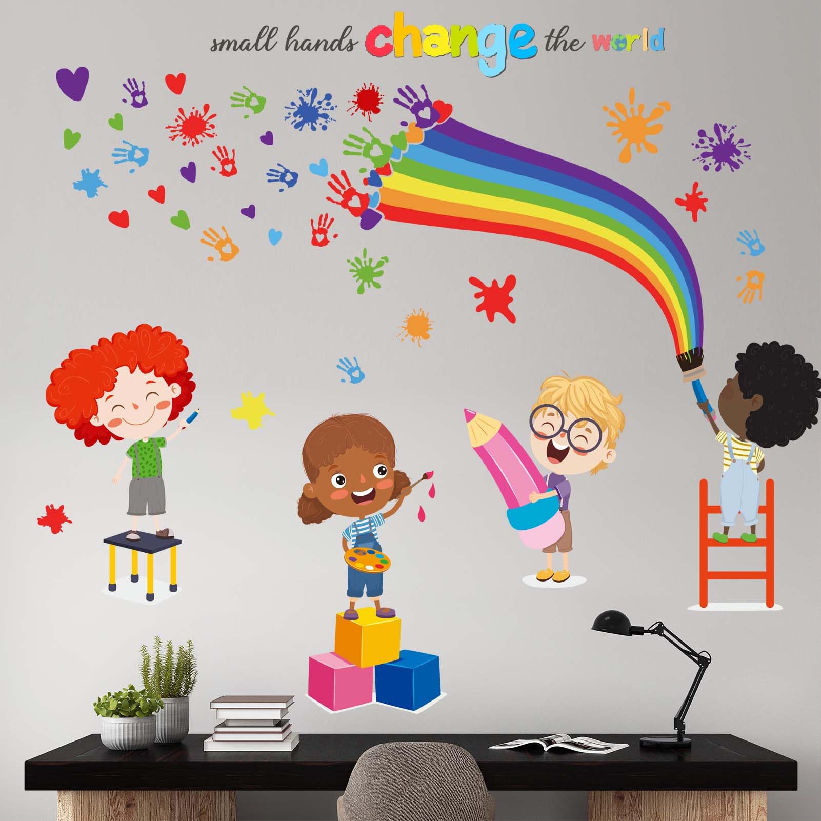 PinkEleph Small Hands Change The World Wall Stickers - Inspirational Quotes Rainbow Wall Decals for Kids Room, Nursery, Classroom, School, Daycare & Library - Motivational Playroom Wall Decor for Children's Education & Creativity