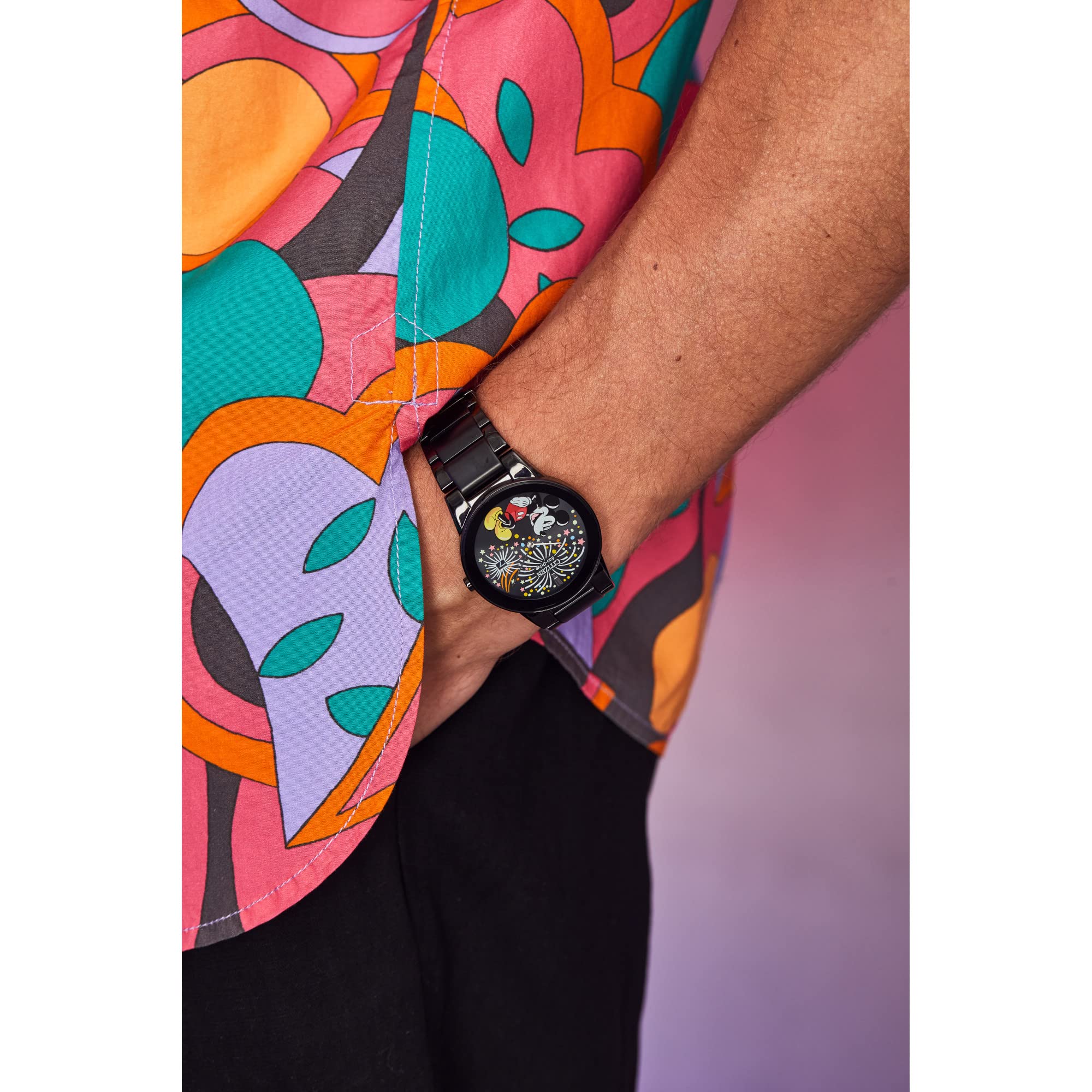 Citizen Eco-Drive Mickey Mouse Fiesta Black IP Stainless Steel Watch for Men - 40mm Analog Date Display with Luminous Hands (Model AU1095-57W) - Perfect for Disney Fans, Collectors & Everyday Wear