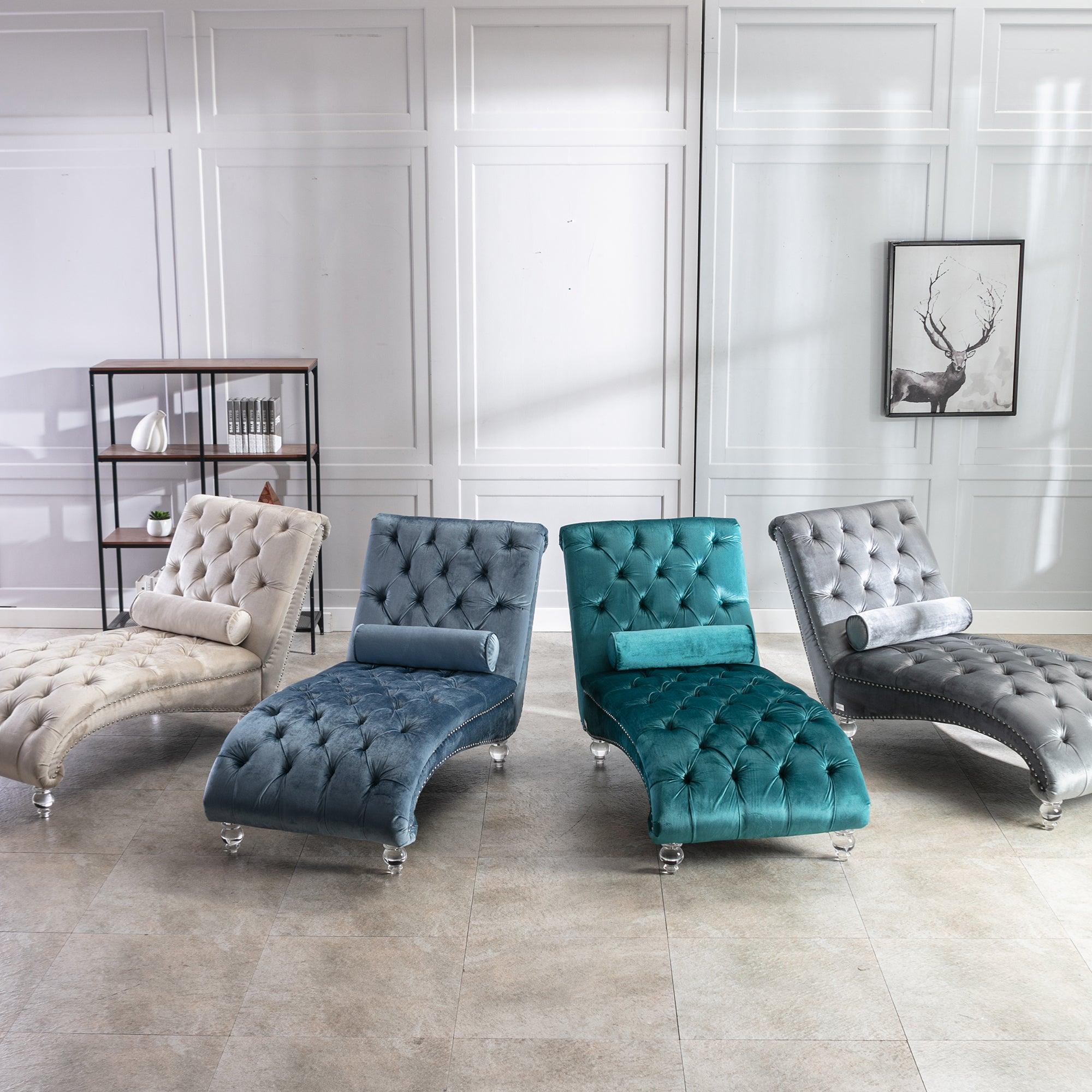 Luxury COOMORE Velvet Chaise Lounge Chair - Button Tufted Upholstered Sofa with Pillow for Bedroom, Living Room & Office - Teal Velvet - Perfect for Reading Nook, Lounge Area & Home Decor
