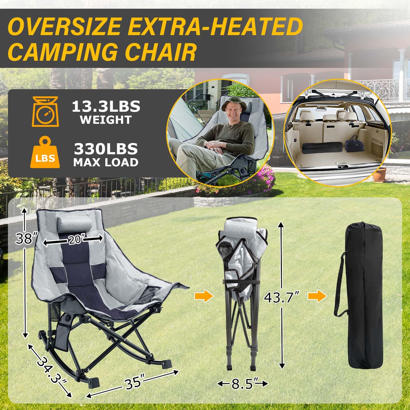 **XL Heated Camping Chair with 3-Level Adjustable Heating for Back & Seat - Portable Outdoor Folding Rocking Chair, Heavy-Duty Lawn Chair for Camping, Hunting, Fishing & Backyard Relaxation**