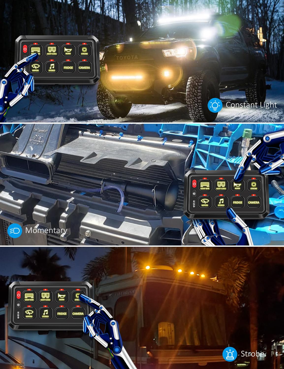 12V 8 Gang RGB LED Touch Control Switch Panel with Momentary, Dimmable & Strobe Function - Waterproof for Trucks, Jeep, Boat, Marine, SUV, Caravan, UTV, Pickup - Perfect for Off-Road Adventures & Marine Applications