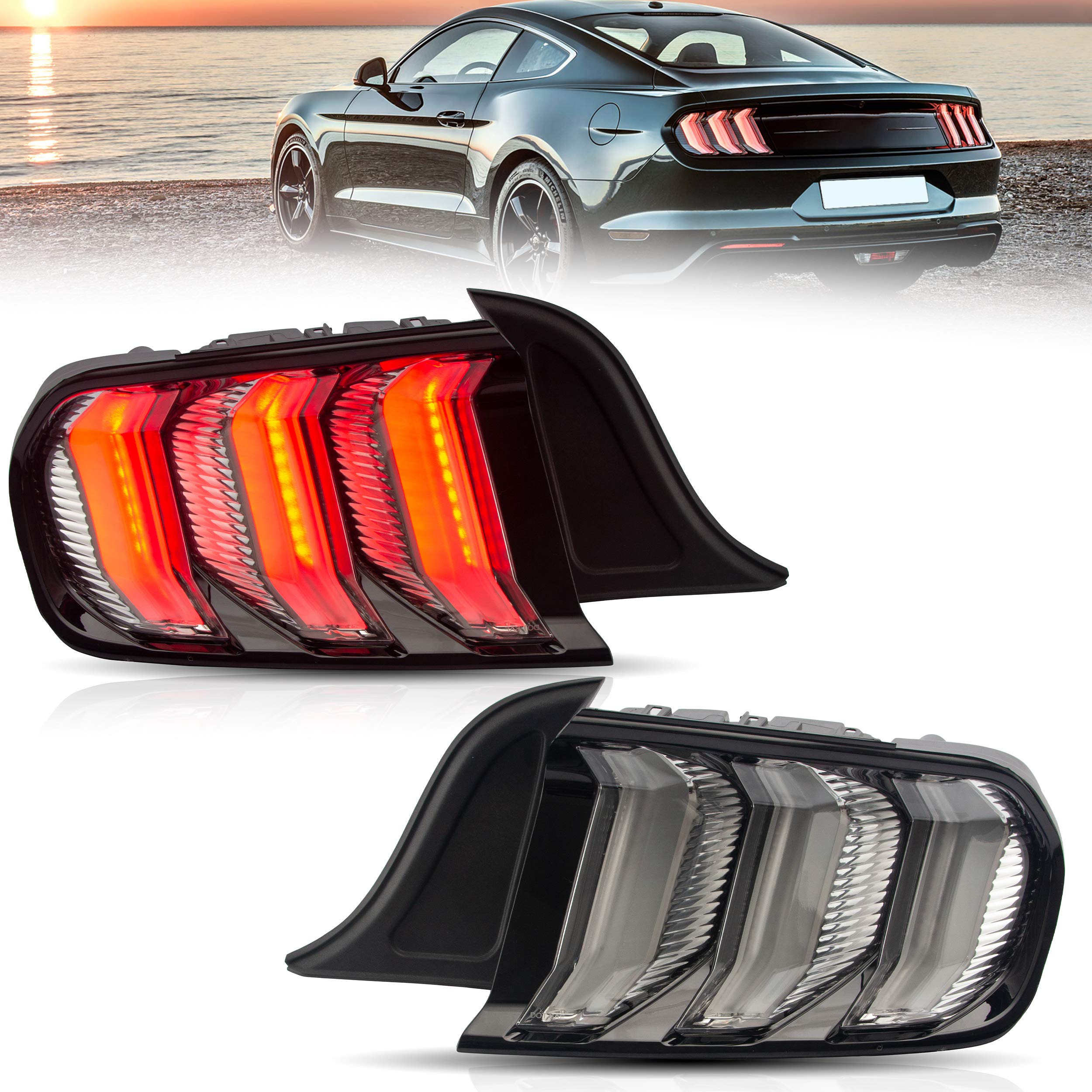 VLAND LED Tail Lights Assembly for 2015-2020 Ford Mustang 6th Gen - Plug & Play, 5 Lighting Modes, Clear Lens - Upgrade Your Mustang's Style & Safety for Night Driving & Car Shows