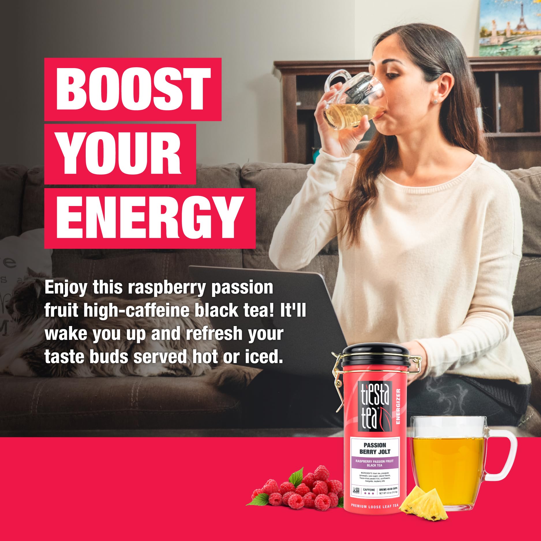Tiesta Tea - Passion Berry Jolt Loose Leaf Black Tea with Raspberry & Passionfruit | Premium Caffeinated Blend for Hot or Iced Tea | Brews 50 Cups | 4oz Refillable Tin | Perfect for Morning Energy or Afternoon Refreshment