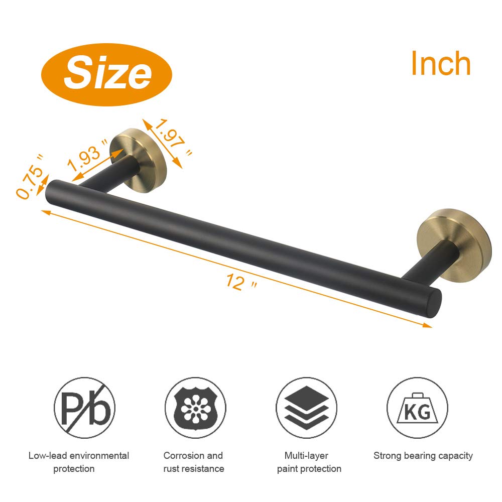 Premium TocTen 12IN Bath Towel Bar - Heavy Duty SUS304 Stainless Steel Wall Mounted Towel Holder for Bathroom - Black Gold Finish - Perfect for Spa, Hotel & Luxury Home Bathroom Decor