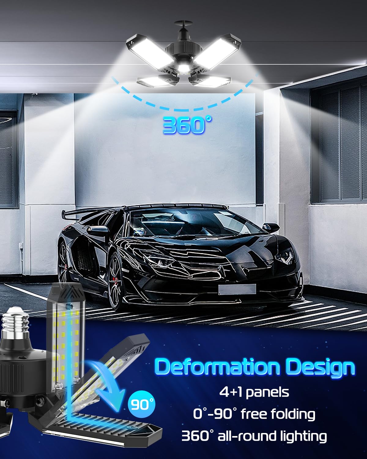 2-Pack 130W 13000LM Adjustable LED Garage Lights with Transformer, E26/E27 Base, 6500K Daylight White - Shop Lighting for Factory, Warehouse, Storage Room & Home Garage - Perfect for Workspaces, Basements and Auto Repair Shops