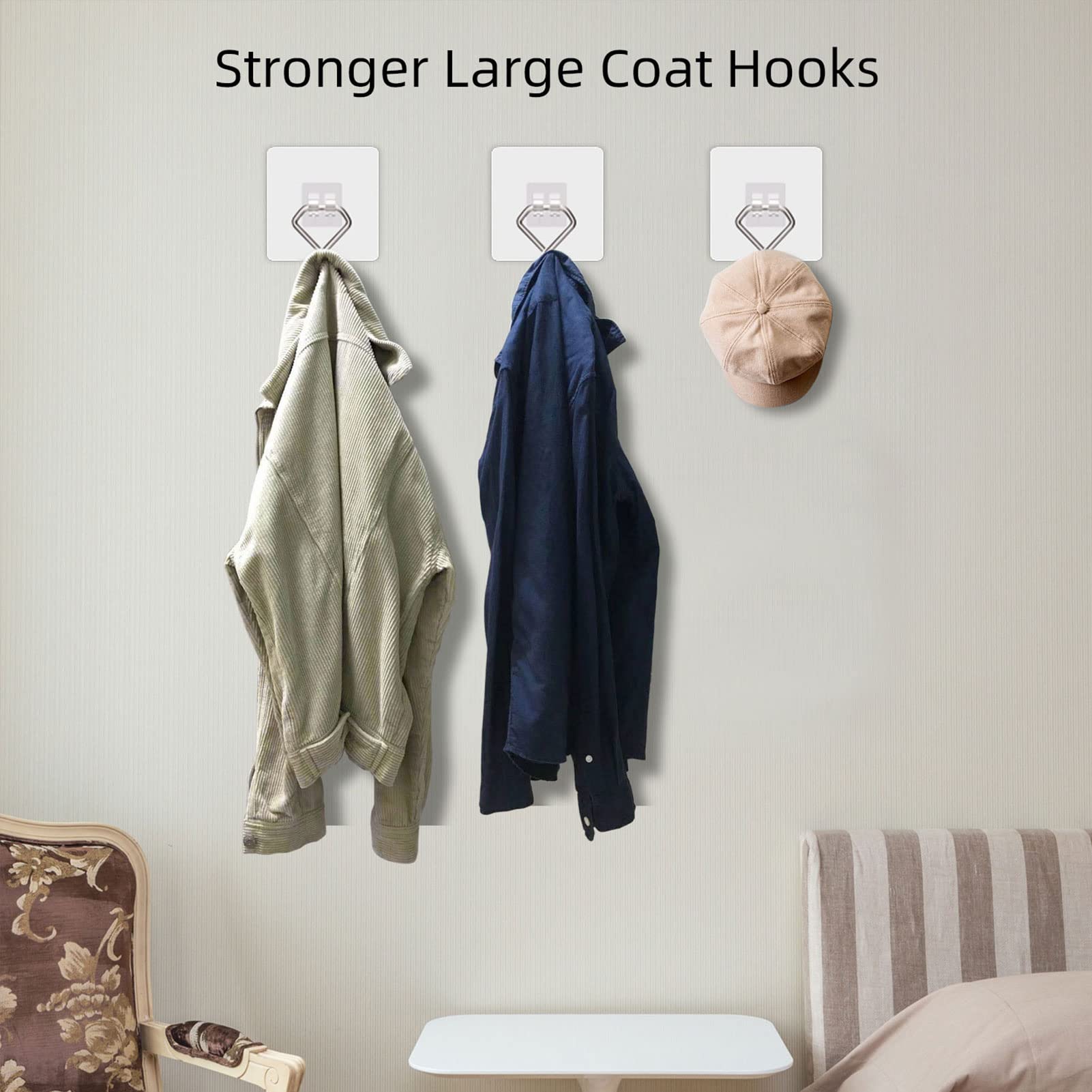 Large Adhesive Hooks 44Ib Max - Clear Removable Wall Hooks for Bathroom, Kitchen, Office & Outdoor - Waterproof Rustproof Self-Adhesive Hooks - 10 Pack - Perfect for Hanging Towels, Coats, Decor & Organizing Small Items