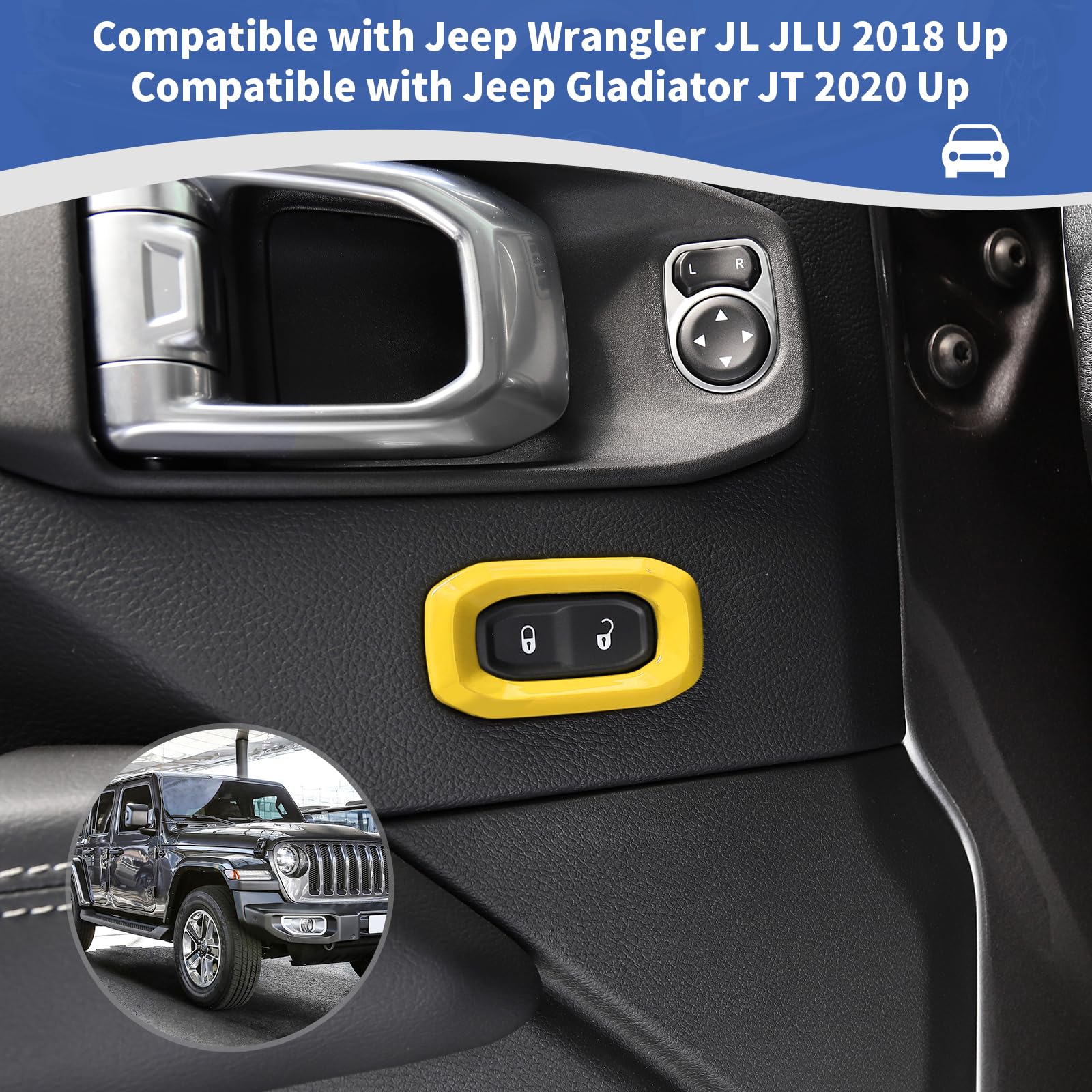 Jeep Wrangler JL JLU & Gladiator JT Door Lock Switch Button Trim Cover (2018-2024) - Yellow Interior Accessories (2-Pack) | Durable ABS Plastic Upgrade | Perfect for Off-Roading & Daily Driving