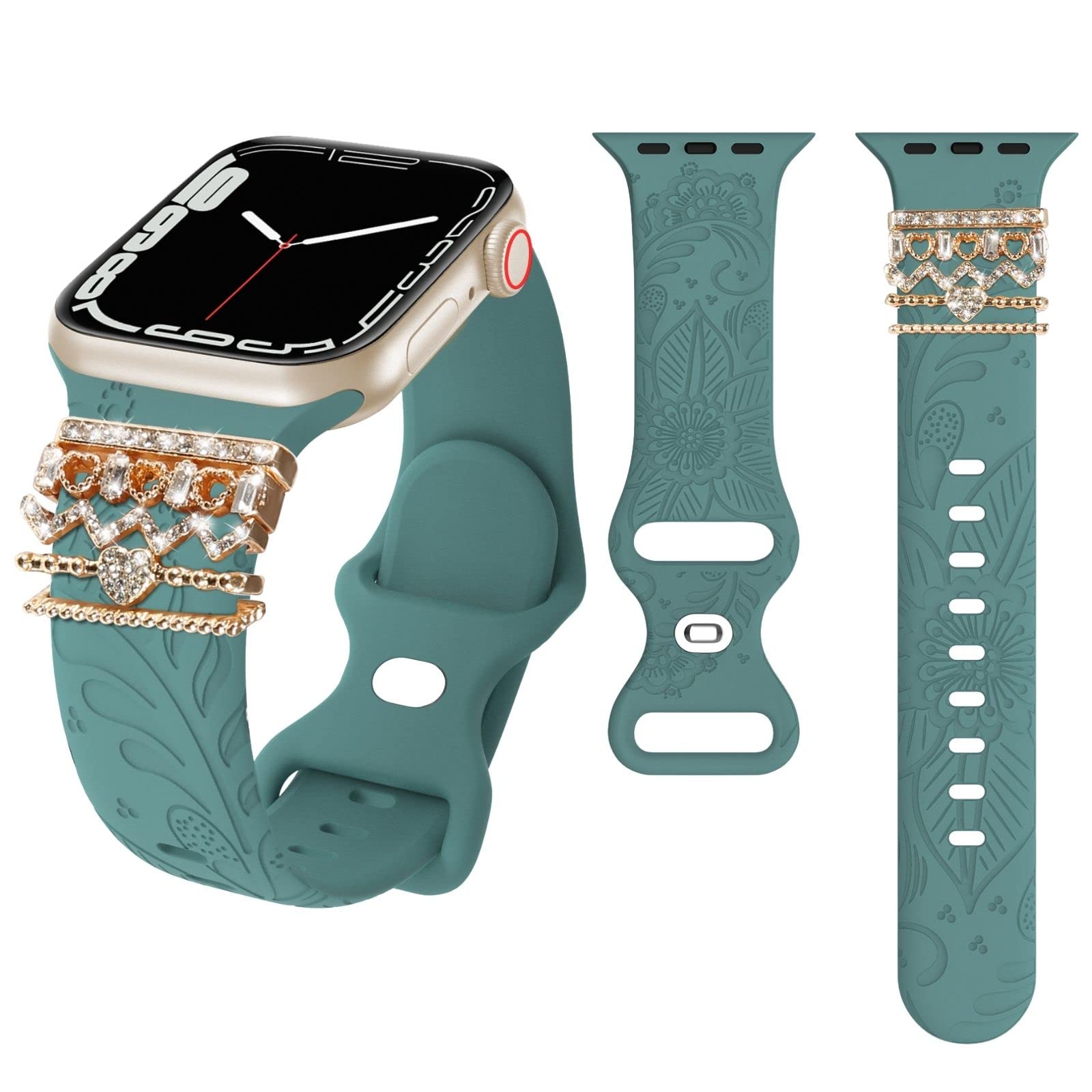 SKYLET Floral Laser Engraved Apple Watch Band for Women - Compatible with iWatch Ultra SE Series 8/7/6/5/4/3/2/1, 38mm/40mm/41mm/42mm/44mm/45mm/49mm Sizes - Decorative Charm Bracelet Style for Workout, Office & Casual Wear