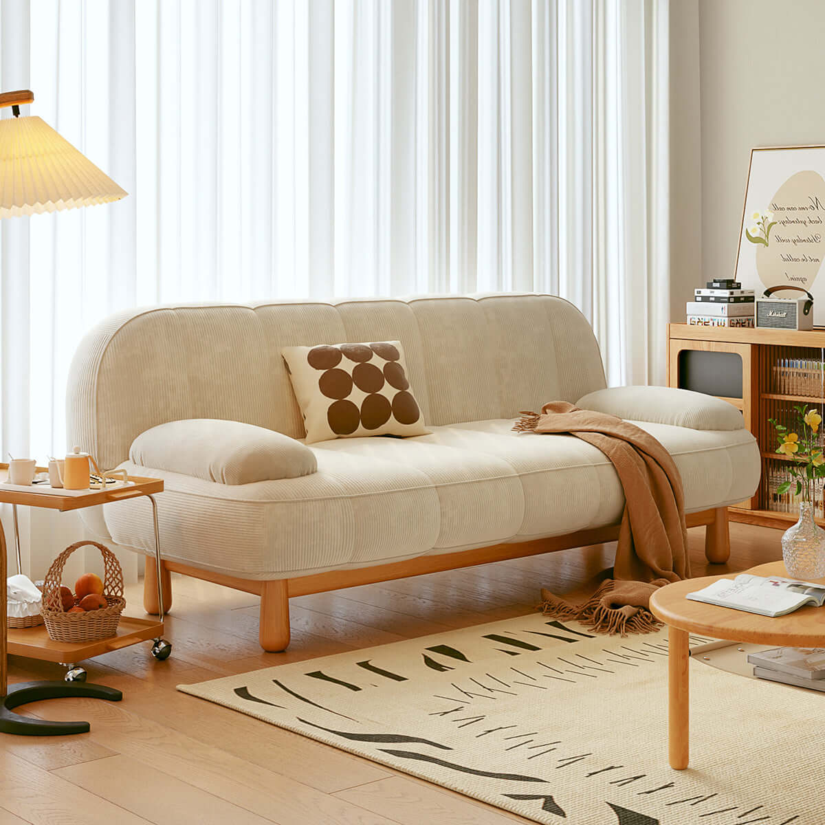 Modern Japandi Loveseat Folding Sofa Bed - Cream White & Green Corduroy Fabric - Space Saving Convertible Sleeper for Small Apartments, Guest Rooms & Home Offices