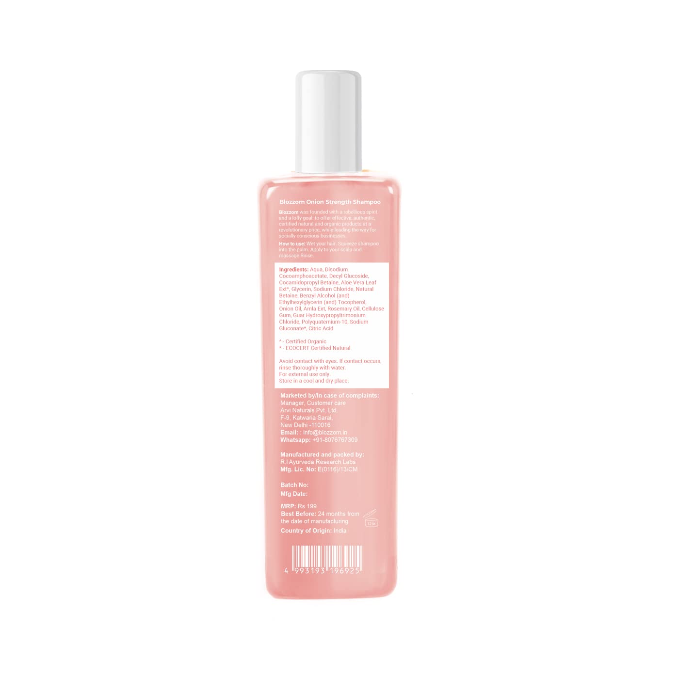 Blozzom Onion Shampoo for Hair Growth & Strengthening - Infused with Onion Seed Oil, Amla & Rosemary Extract - Sulfate Free & Nourishing Formula (Pack of 1) - Perfect for Damaged Hair Repair & Daily Hair Care Routine