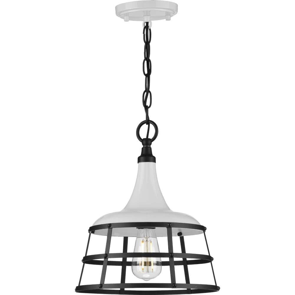 Progress Lighting Bastille Collection White One-Light Pendant - Modern Farmhouse Ceiling Light for Kitchen Island, Dining Room & Entryway