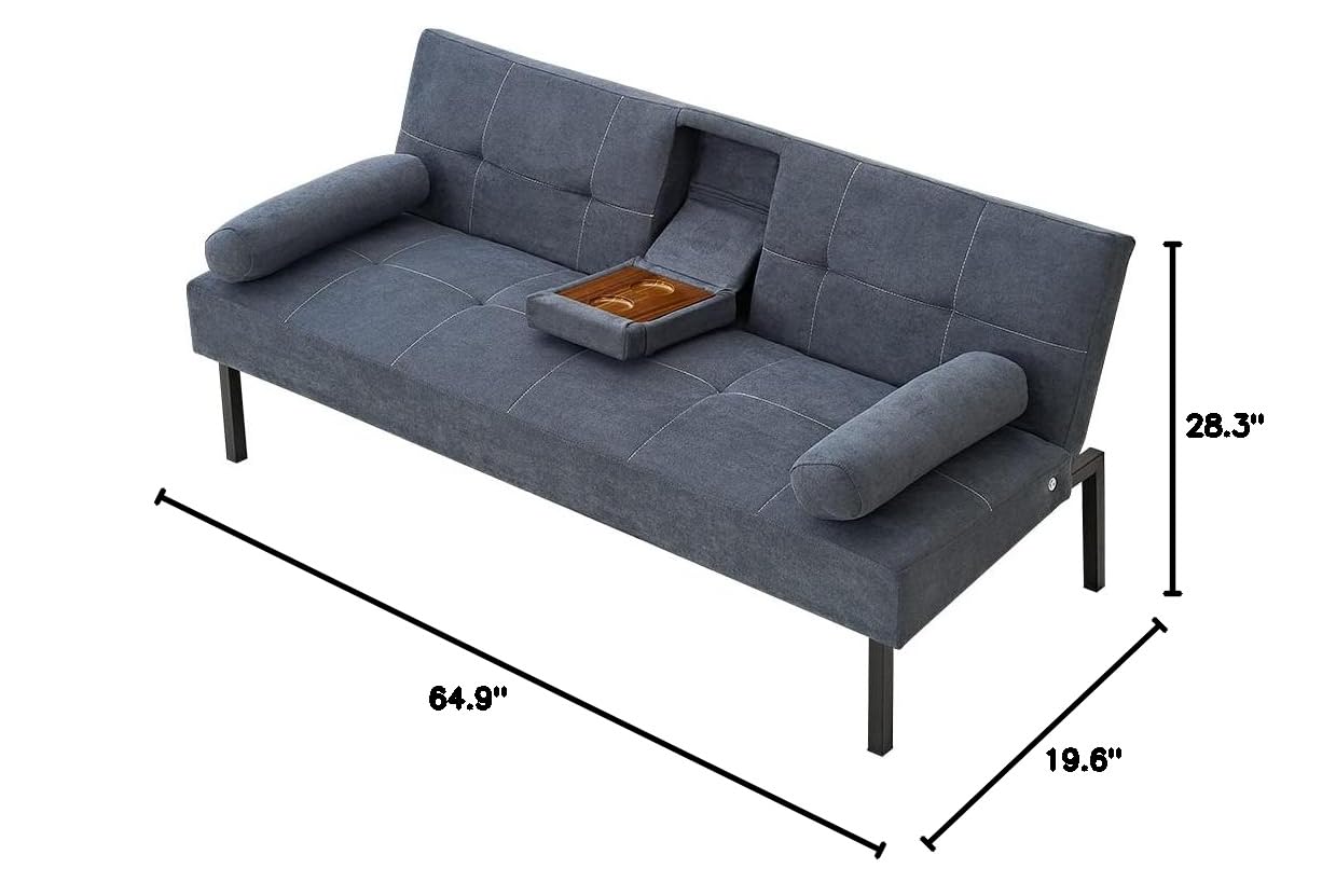 Modern Convertible Folding Futon Sofa Bed - 5 Angle Adjustable Linen Fabric Upholstered Daybed with 2 Cup Holders (Grey) | Space-Saving Guest Bed for Small Apartments, Dorm Rooms & Home Offices