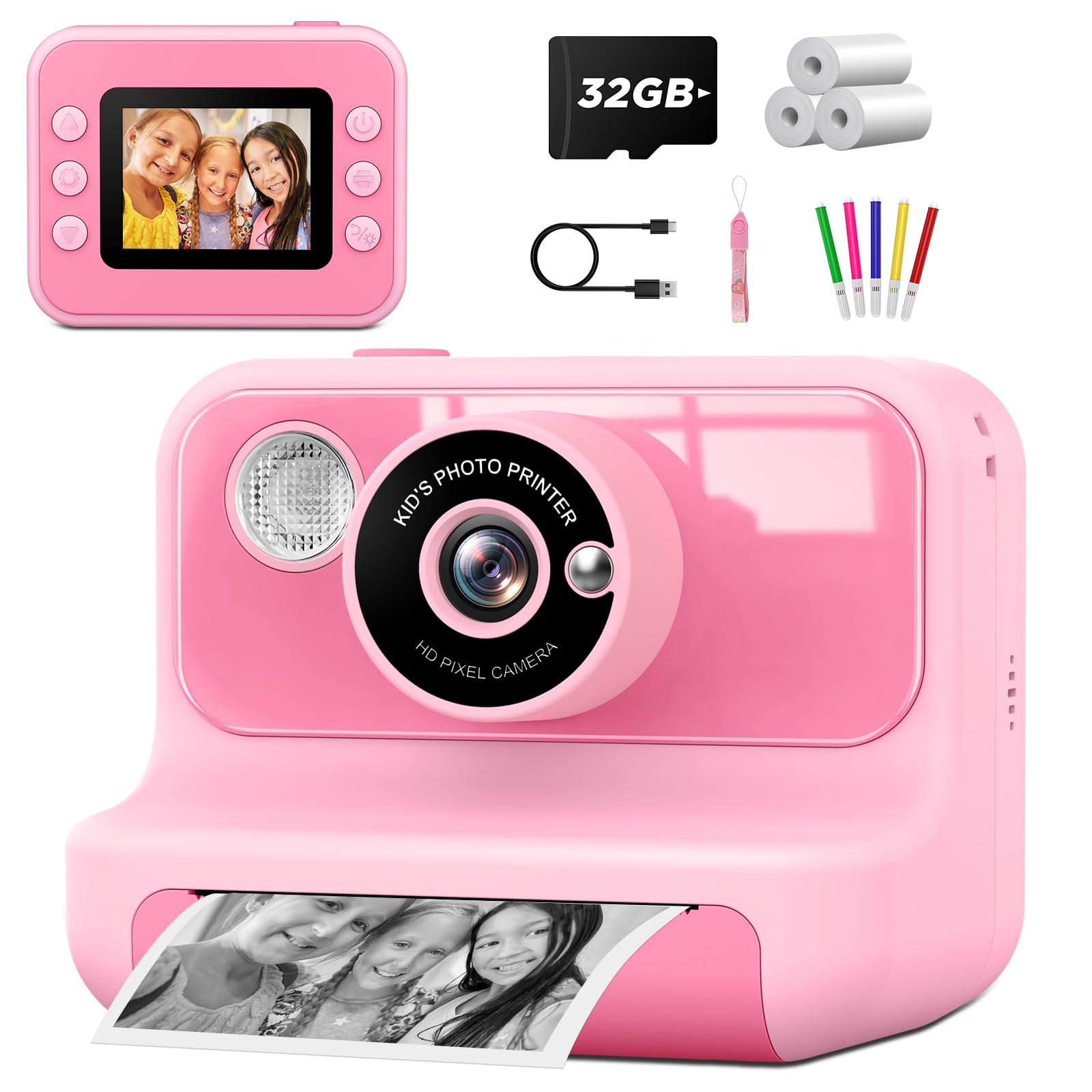 Kids Instant Print Camera - 2.4 Inch Screen Digital Toy Camera for Boys & Girls Ages 3-12 | Perfect Christmas & Birthday Gift | Fun for Travel, Parties & Daily Adventures (Pink)