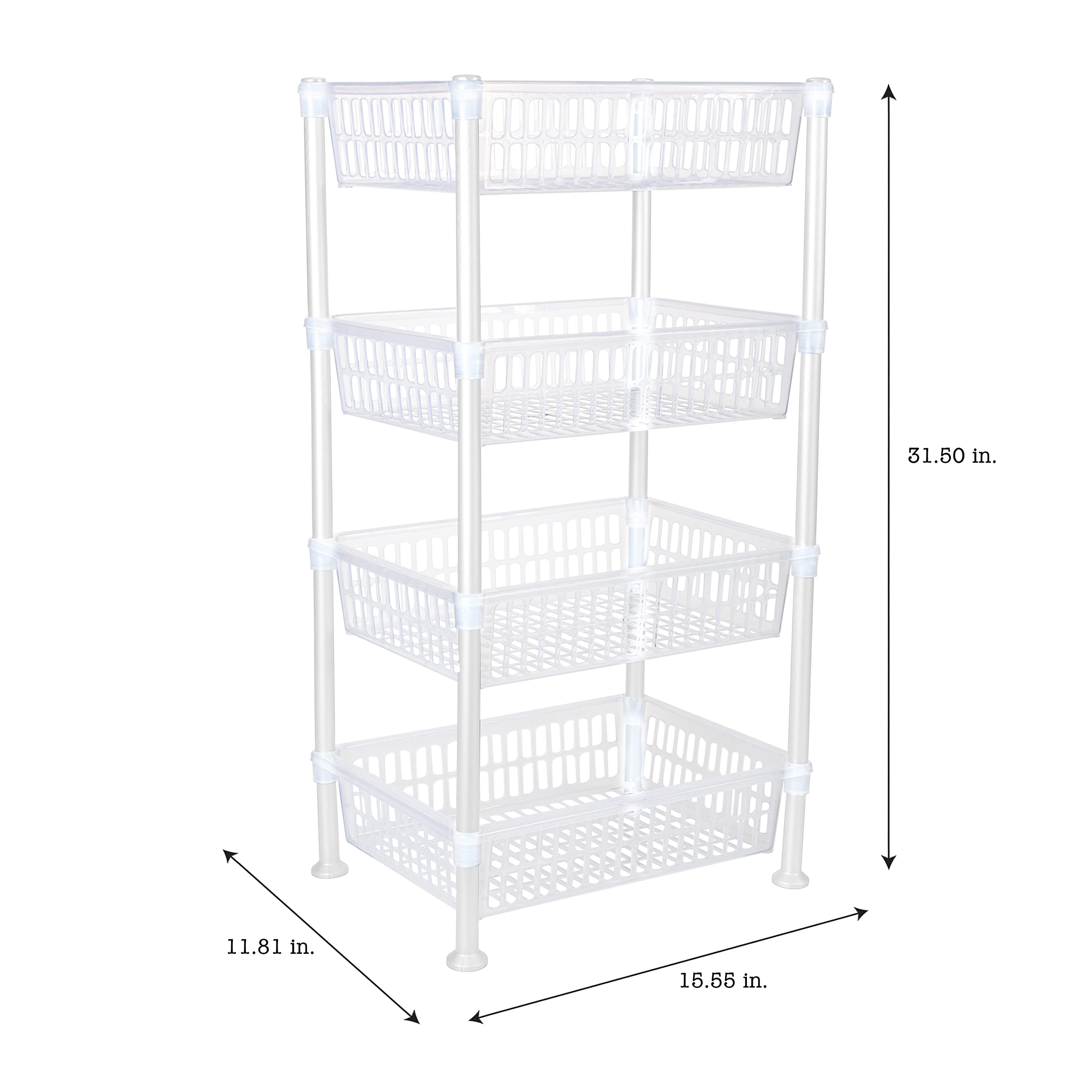 4-Tier Slim Basket Shelf Rack for Kitchen Storage & Organization - Space-Saving Organizer for Pantry, Bathroom, Laundry Room & Office - Perfect for Food, Supplies & Household Items (White) - Ideal for Small Spaces & Clutter-Free Homes