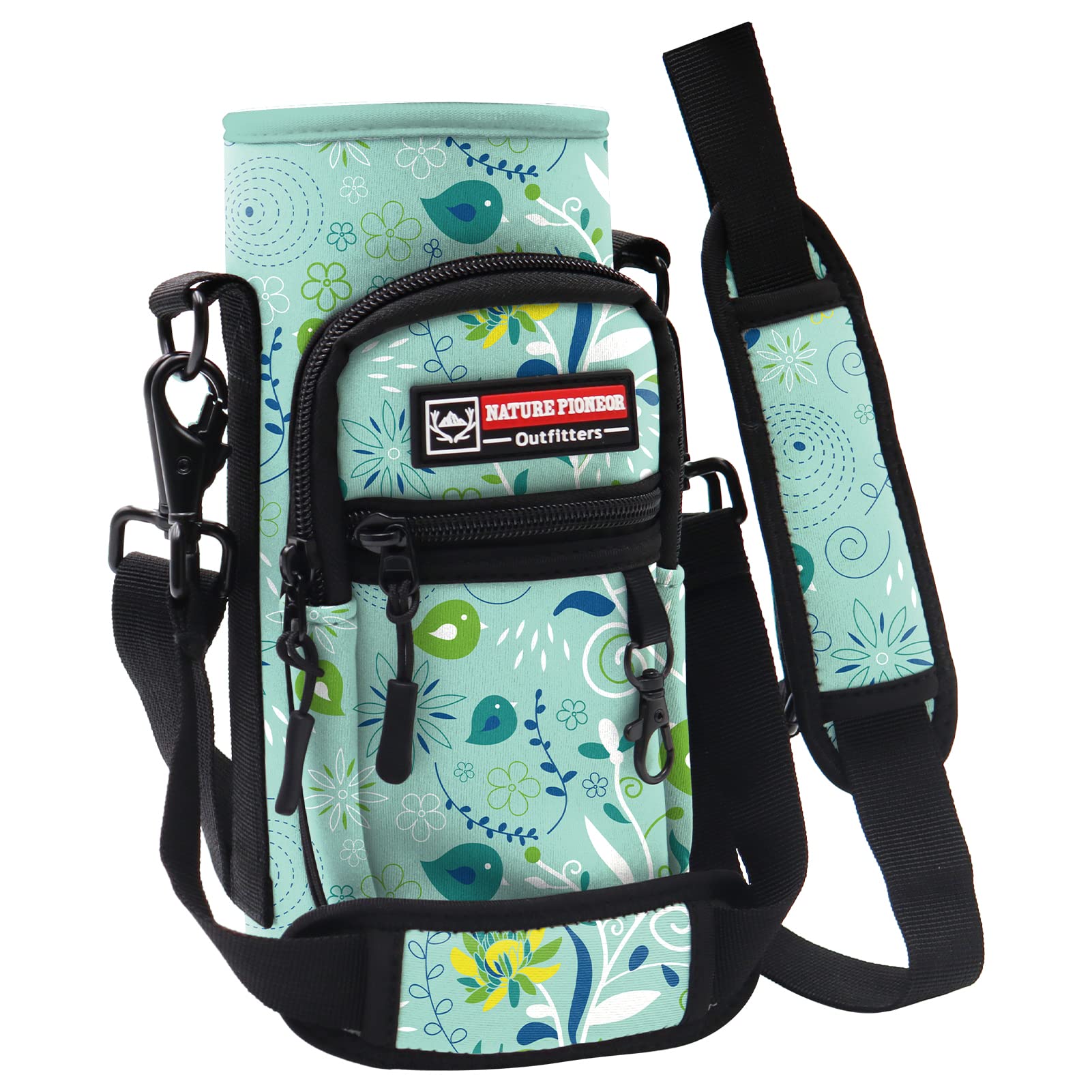 Neoprene Water Bottle Carrier with Strap & Pockets - 25/40OZ for Hiking & Gym