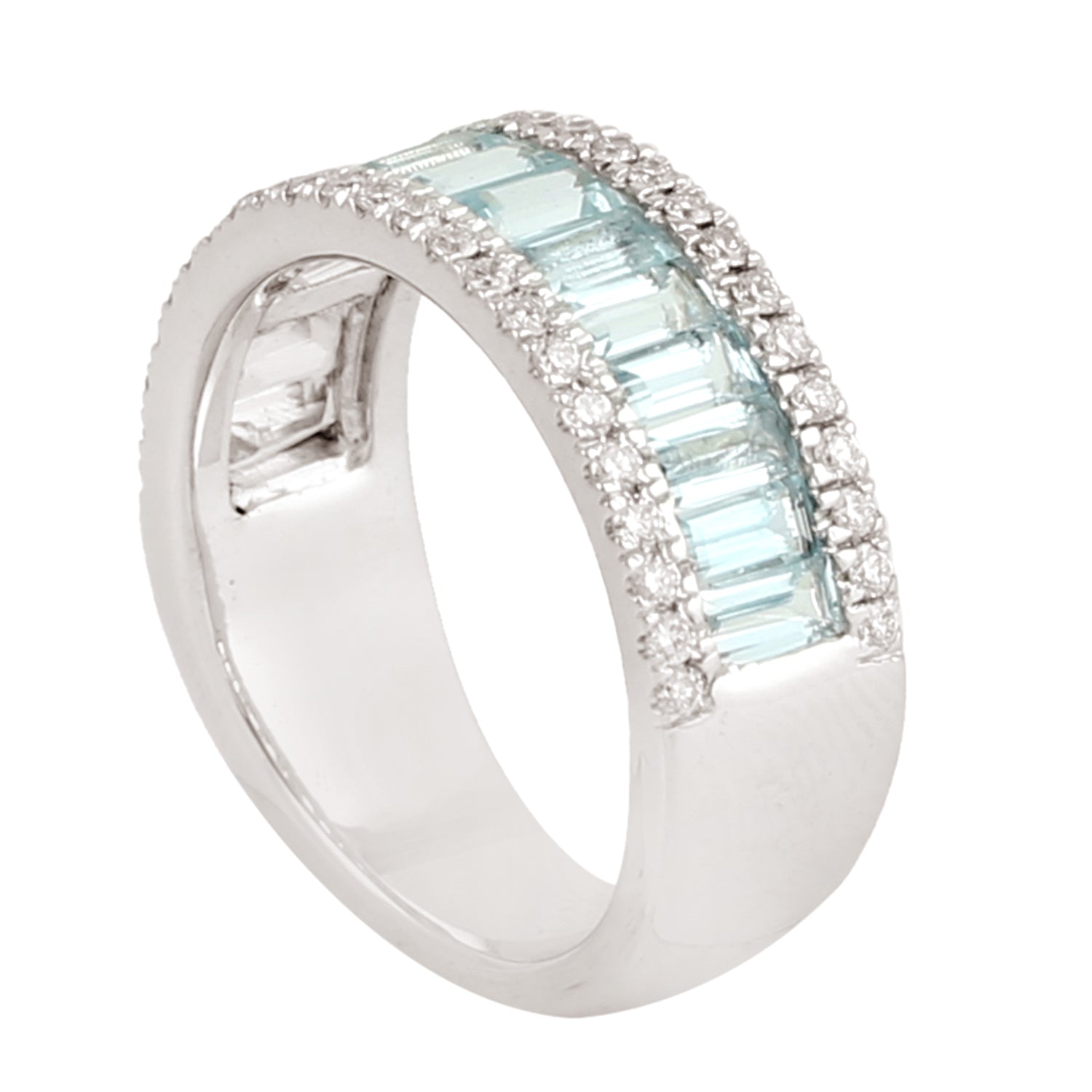 18K White Gold Baguette Cut Aquamarine Pave Diamond Half Eternity Band Ring - Perfect for Weddings, Anniversaries & Special Occasions