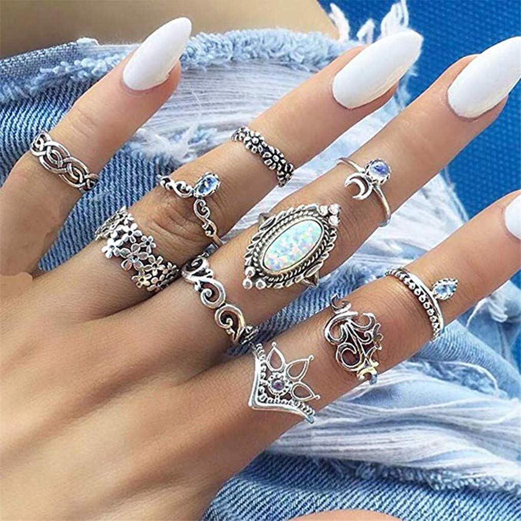 Bohemian Crystal Stackable Knuckle Rings for Women - Vintage Silver Adjustable Rings Set - Perfect for Parties, Weddings, and Everyday Boho Fashion Accessories