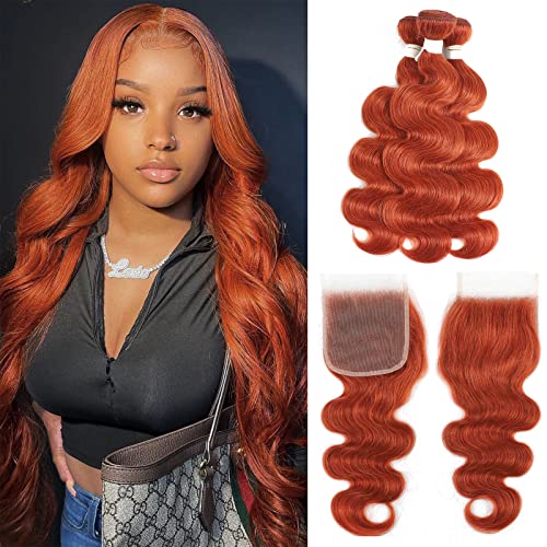REMY HAIR Brazilian Human Hair Extensions - 20/22/24 Inch Body Wave Bundles with #350 Ginger Orange Closure | Natural Wave Virgin Hair for Styling & Volume | Perfect for Daily Wear, Parties & Special Occasions