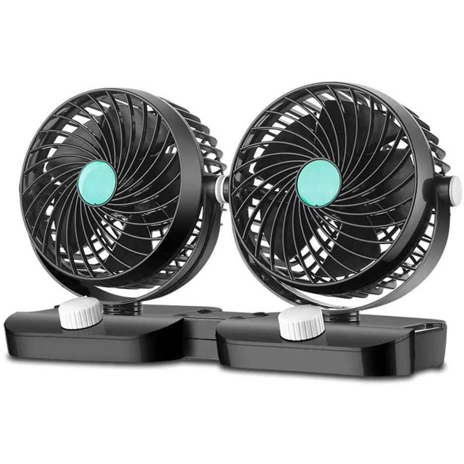 Blacklight Car Fan - Dual Head 360° Rotatable Portable Electric Fan with Stepless Speed Control & Cigarette Lighter Plug - Perfect for Dashboard Cooling in SUV, RV, Truck, Sedan, Home and Office Use