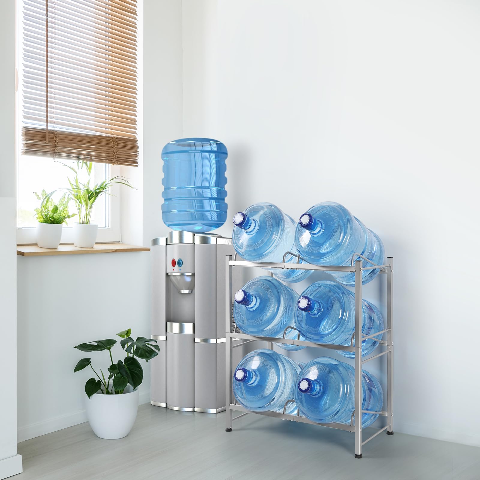 5 Gallon Water Jug Rack - Heavy Duty 3-Tier Storage Stand for Small Spaces & Room Corners - Holds 6 Bottles (Silver) - Perfect for Home & Office Hydration Stations