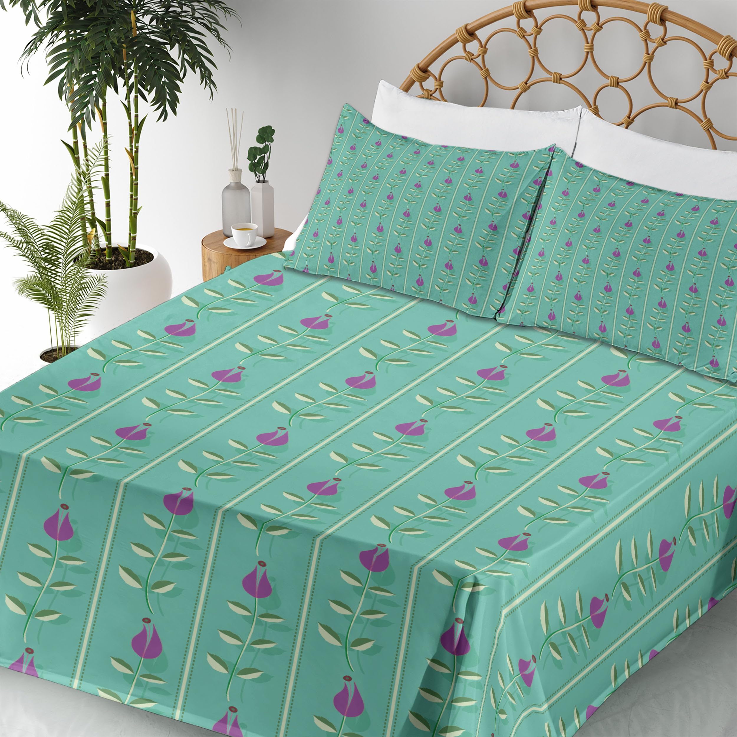 Ambesonne Floral Sheet Set 4-Piece - Oriental Tulip Ottoman Design Fitted & Flat Sheets with Pillowcases, Full Size Bedding in Sea Green & Purple | Perfect for Guest Rooms, Master Bedrooms & Bohemian Home Decor