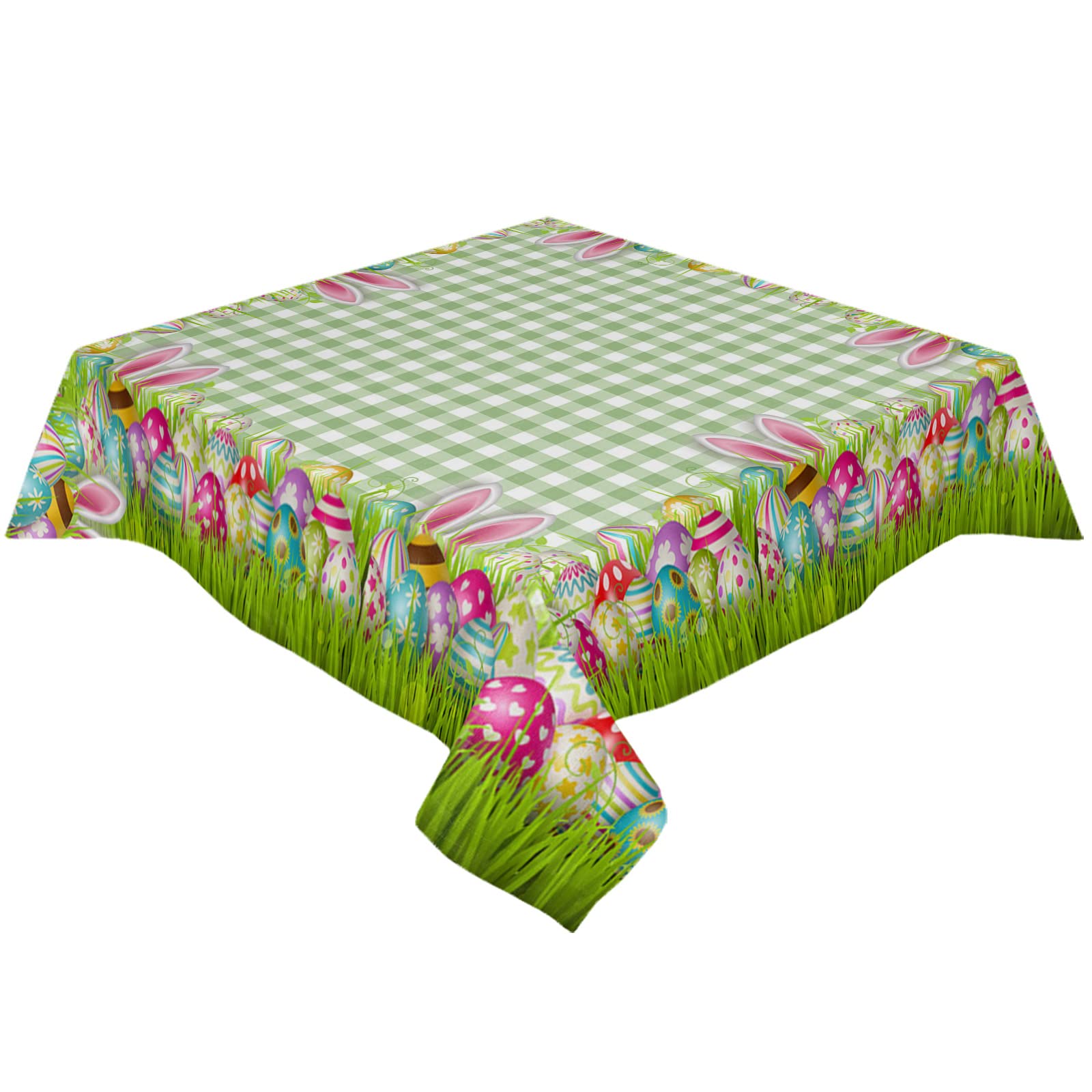 Easter Waterproof Tablecloth 54x54 Inch - Green Plaid Design with Easter Eggs & Bunny Pattern, Washable Square Dining Table Cover for Spring Party Decor, Outdoor Picnic & Holiday Celebrations