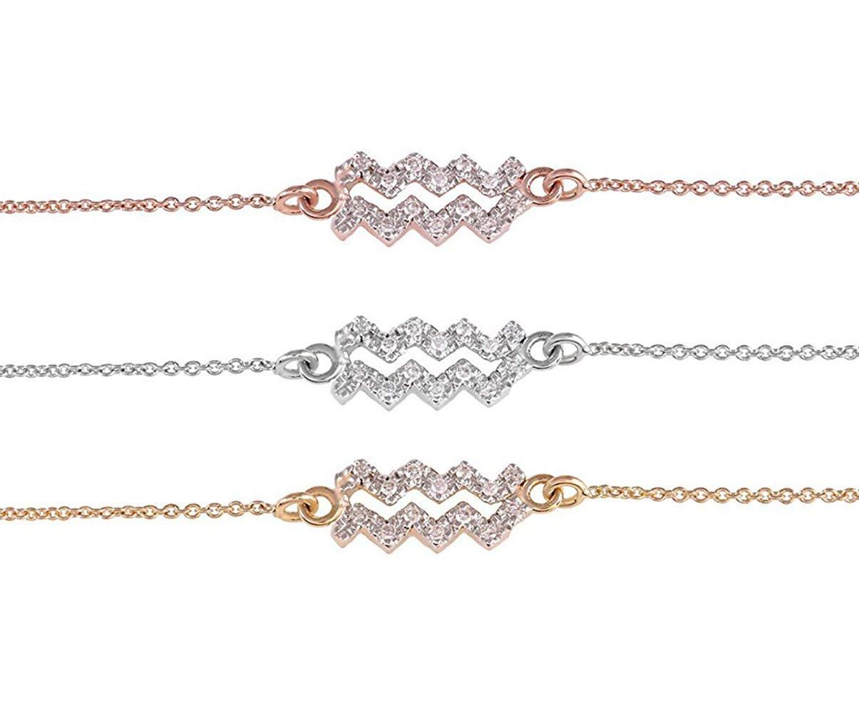 14K Solid Yellow & Rose Gold Aquarius Zodiac Charm Bracelet - Round Pave Set with White Diamonds for Women | Dainty Body Jewelry Gift for Birthday, Anniversary & Special Occasions