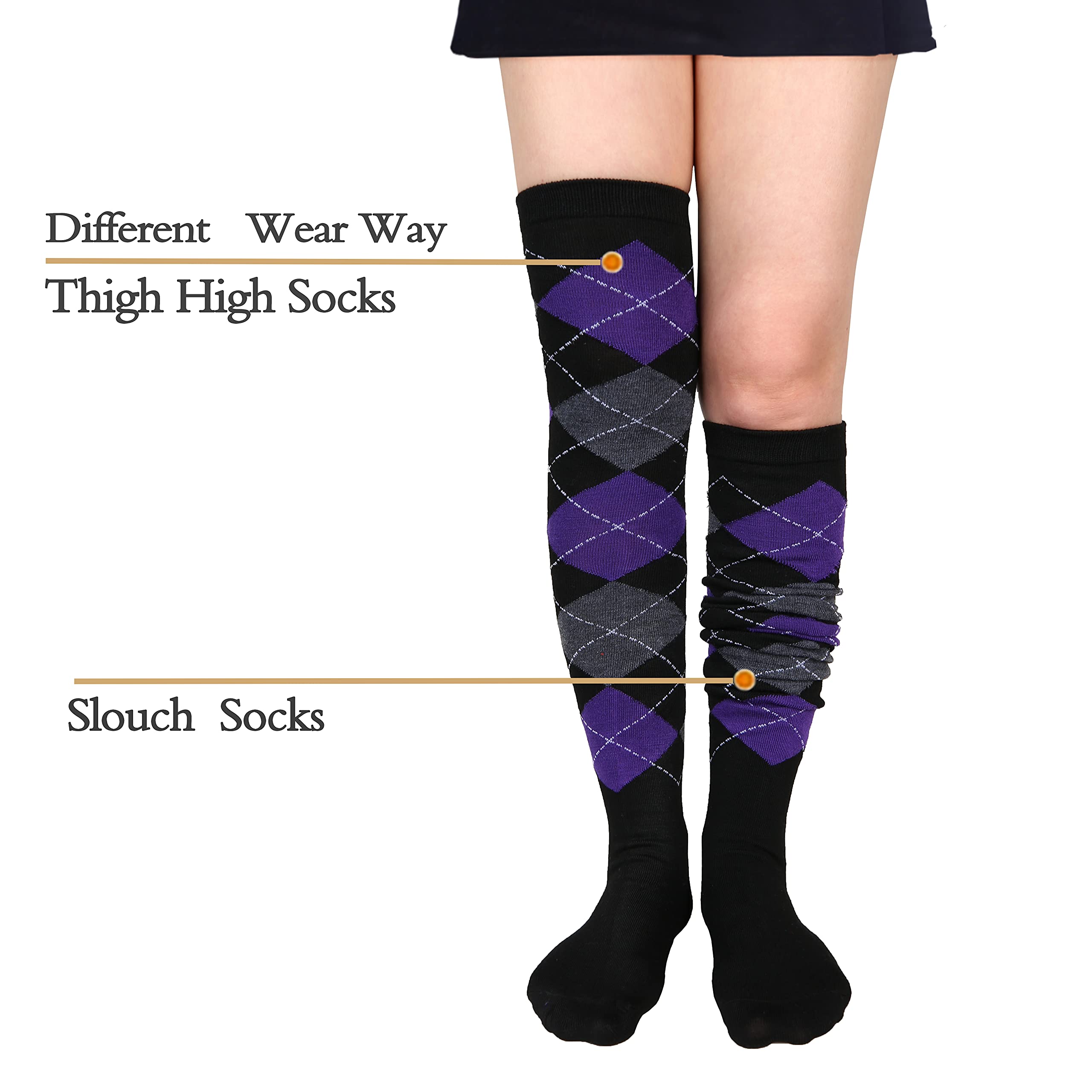 Benefeet Women's Thigh High Argyle Socks - Striped Over Knee Stockings for Fun Outfits