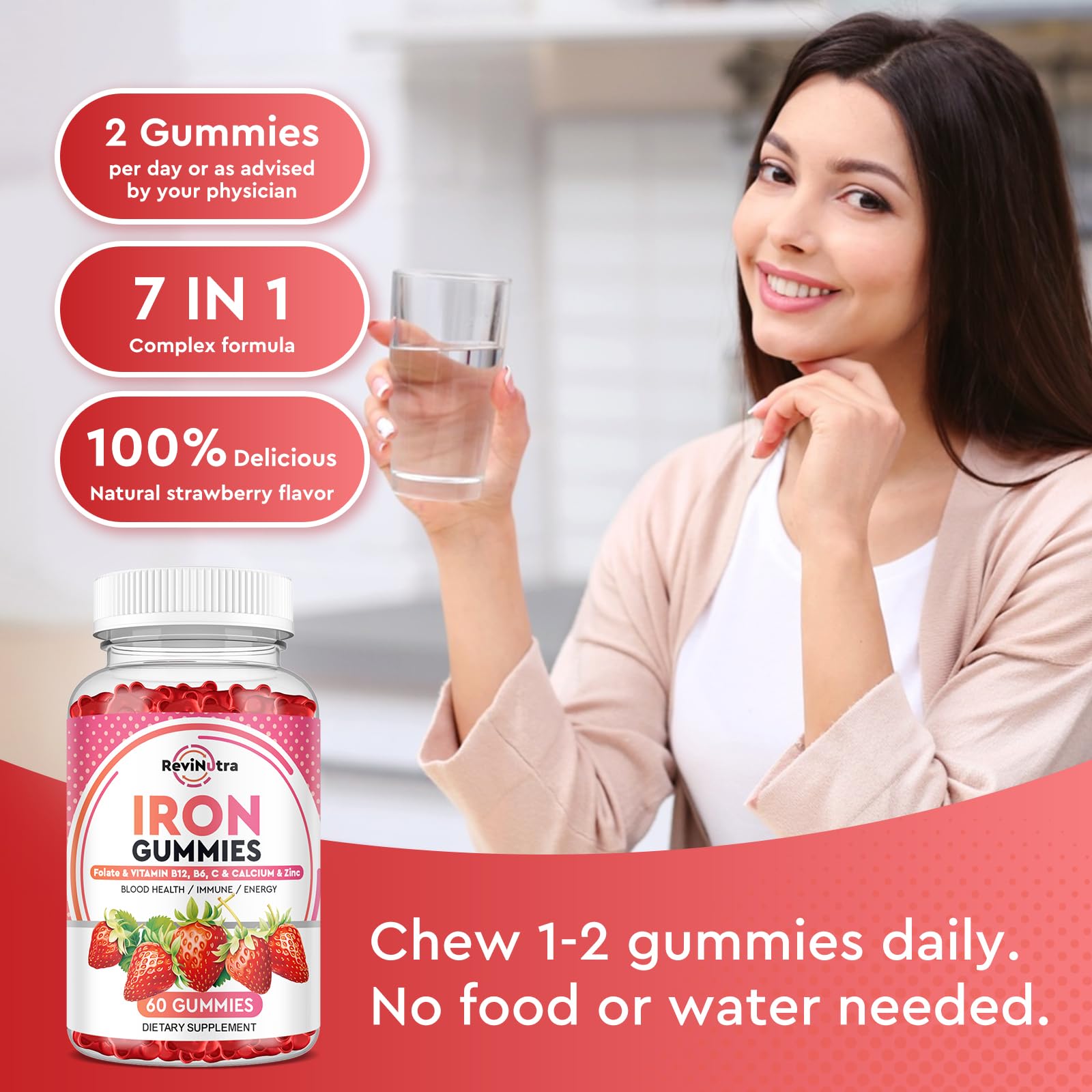 Iron Gummies for Adults & Kids - with Calcium, Zinc, Folate & Vitamins B12, C, B6 - Blood Builder & Energy Support for Iron Deficiency & Anemia - Vegan Supplement - 60 Chewable Gummies - Perfect for Daily Nutrition & Immune Support at Home, Work or Travel