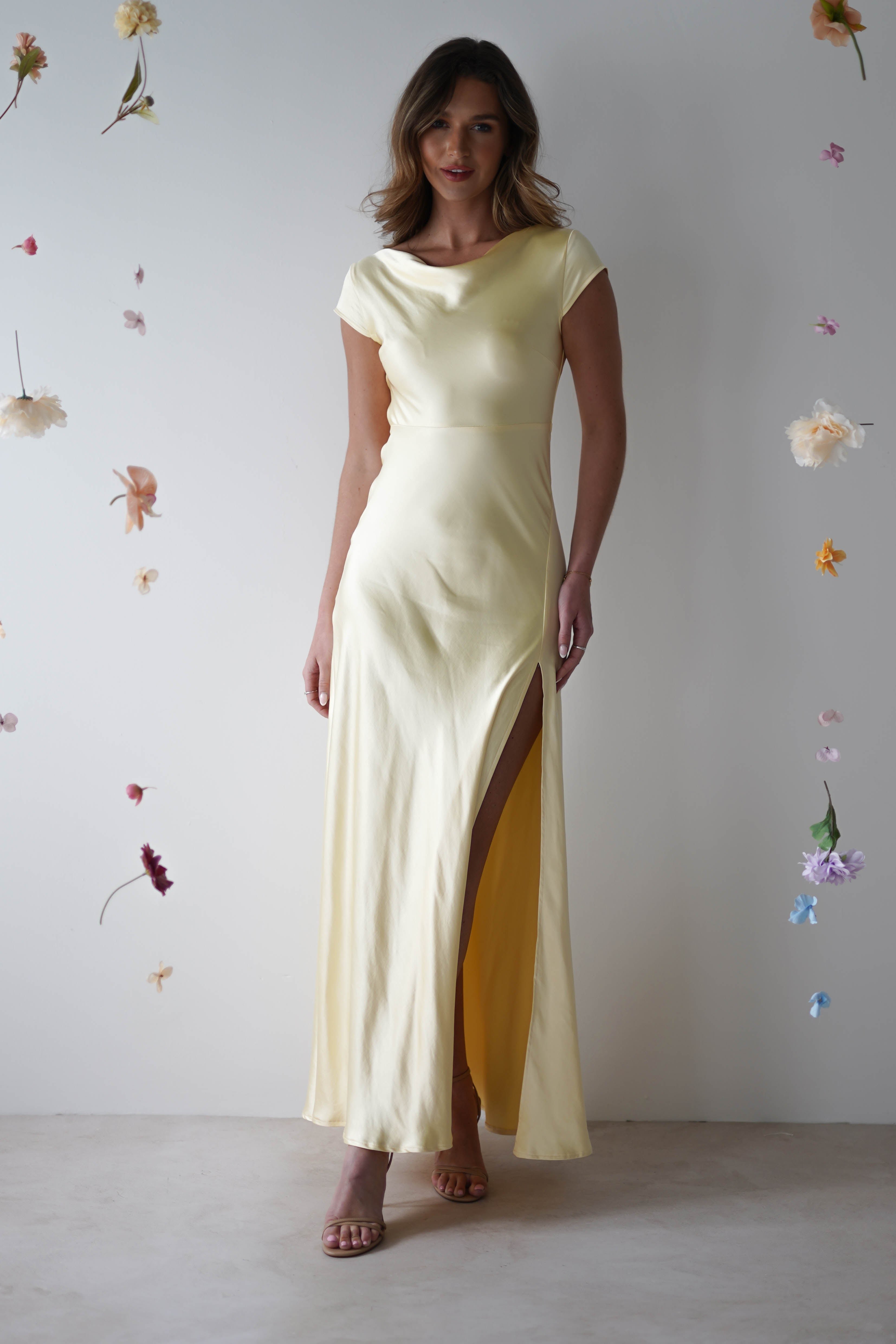 Ramona Soft Satin Maxi Dress for Women - Flowy Long Summer Dress in Yellow | Elegant Beachwear, Evening Party & Vacation Outfit