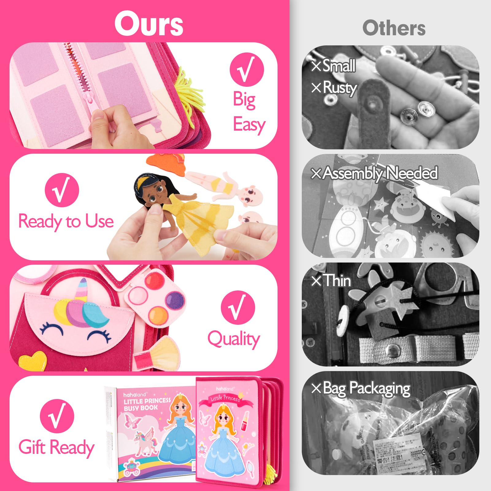 Hahaland Montessori Busy Board for Toddlers Ages 3-5 - Princess Themed Quiet Book & Pretend Play Learning Toy - Perfect Birthday Gift for 3-4 Year Old Girls | Educational Travel Toy for Preschoolers & Sensory Activity for Kids