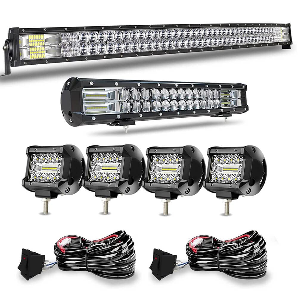 52-Inch Curved LED Light Bar + 20-Inch LED Light Bar + 4x4-Inch LED Cube Pods with Wiring Kit - DOT Approved for Wrangler, F150, Kubota, Dodge, ATV, SUV, UTV - Perfect for Off-Roading, Hunting & Night Driving