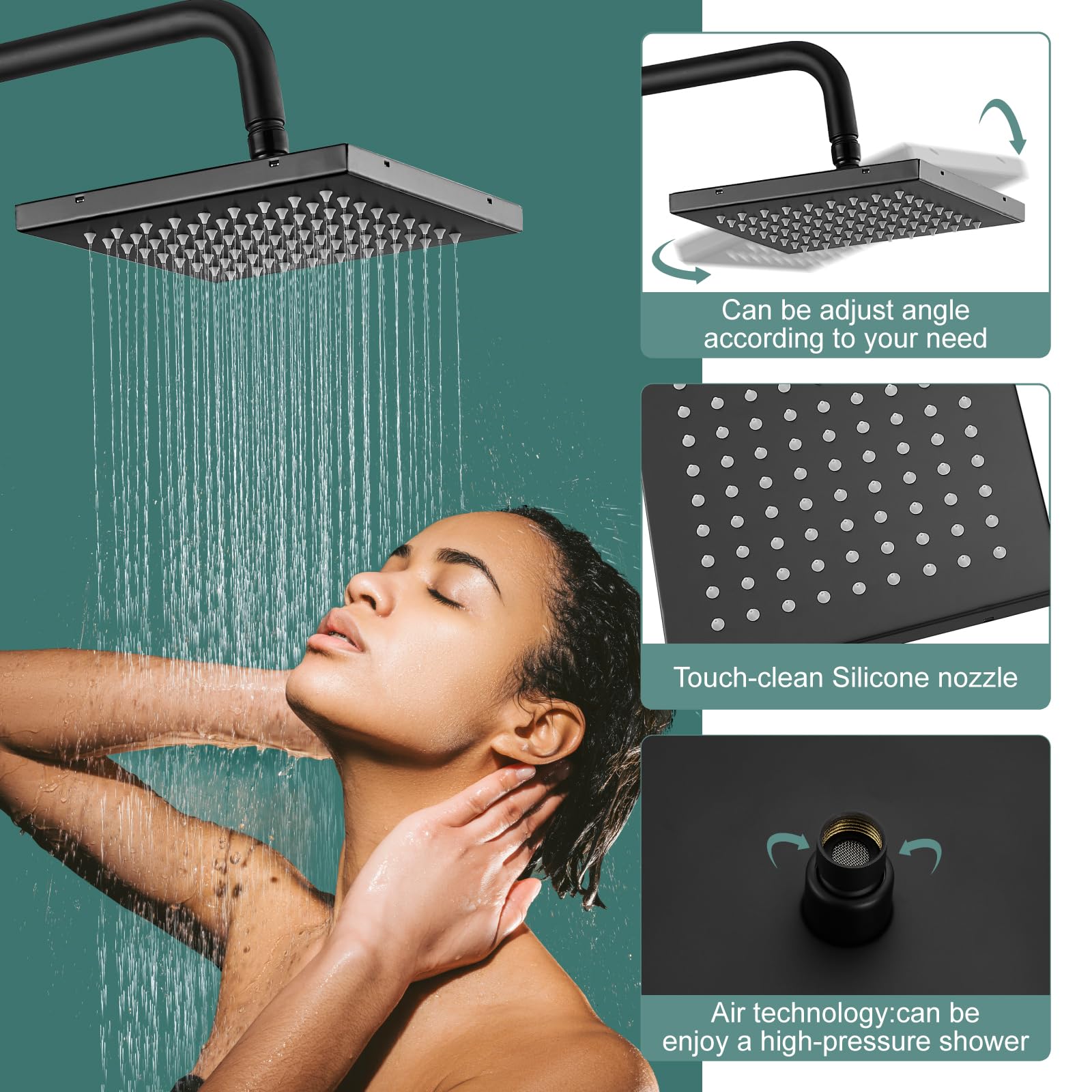 Matte Black Exposed Shower System - 8 Inch Square Rainfall Shower Head with Adjustable Handheld Sprayer - Dual Function Wall Mount Bathroom Faucet Set for Modern Home & Spa Experience