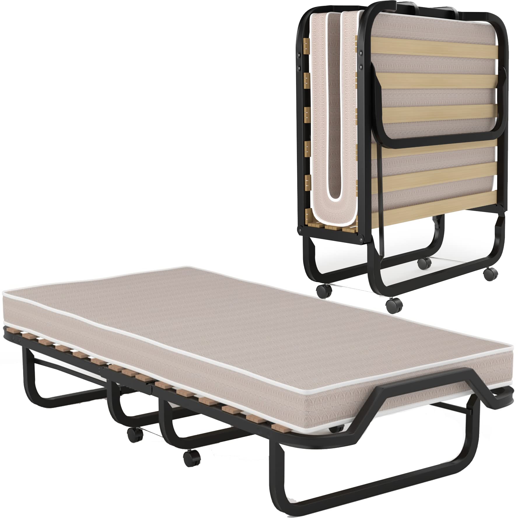 KOMFOTT Folding Guest Bed with 4 Inch Memory Foam Mattress - Portable Rollaway Bed with Sturdy Steel Frame & Wheels for Adults - Made in Italy - Perfect for Spare Rooms, Sleepovers & Small Apartments
