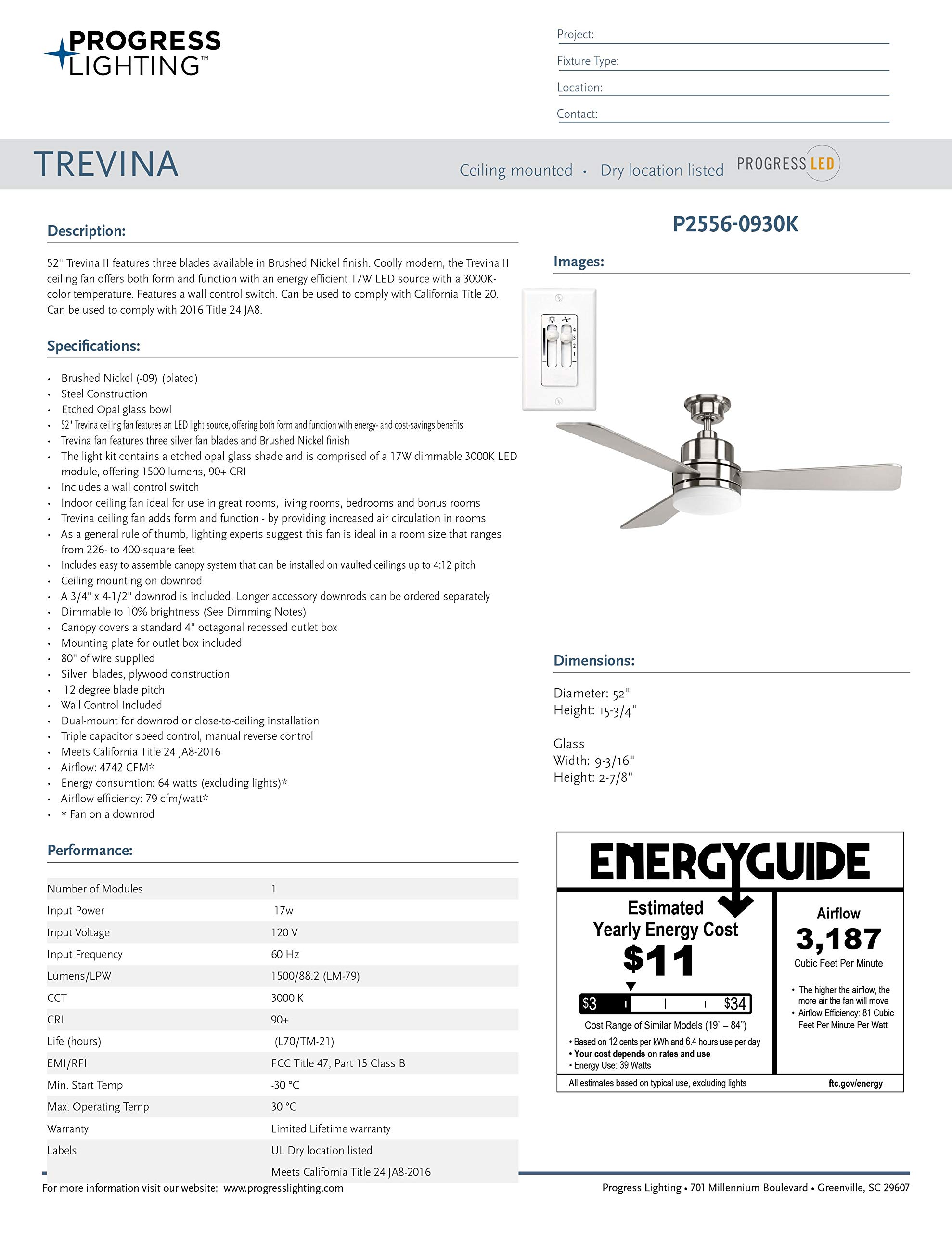 Progress Lighting P2556-0930K Trevina II Ceiling Fan with Light Kit - 52 Inch Brushed Nickel Finish, 15.75