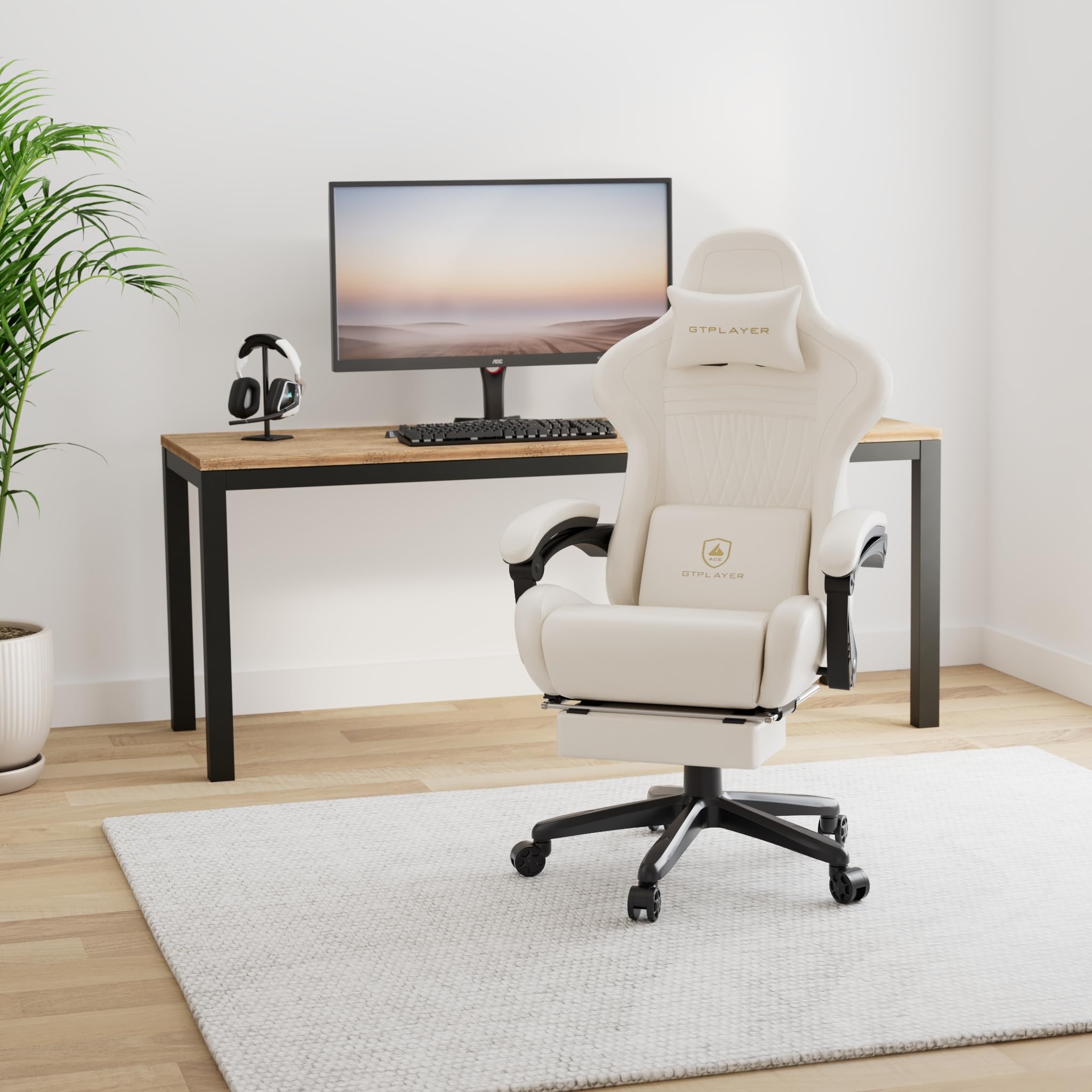 GTPLAYER Ergonomic Gaming Chair with Footrest & Bluetooth Speakers - High Back Reclining Computer Chair with Linkage Armrests for Adults - Office & Home Gaming Setup (Leather, Ivory) - Perfect for PC Gaming, Streaming & Work from Home