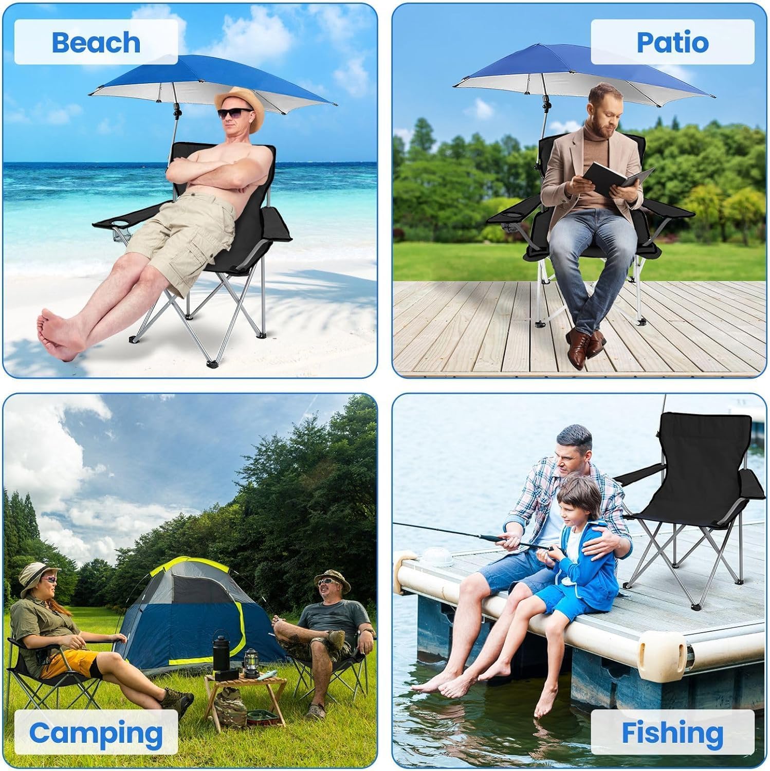 UPF 50+ Adjustable Beach Chair with Sun Umbrella - Portable Folding Outdoor Recliner for Adults, Camping, Hiking & Beach - Includes Cup Holder & Carry Bag - Supports 350 lbs (US Stock) - Perfect for Relaxing at the Shore, Poolside Lounging & Outdoor Adventures